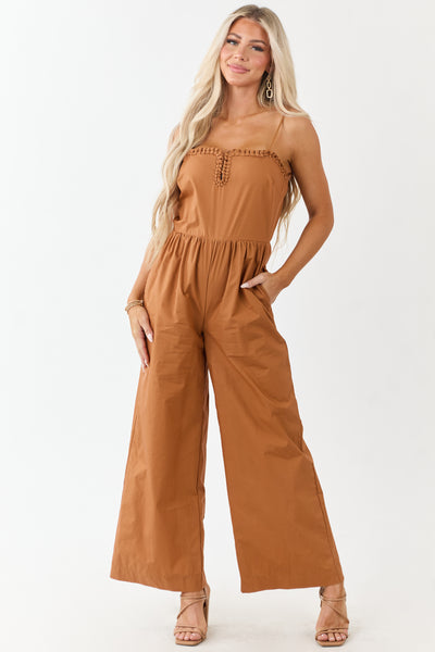 Sandstone Braided Notch Neck Wide Leg Cotton Jumpsuit