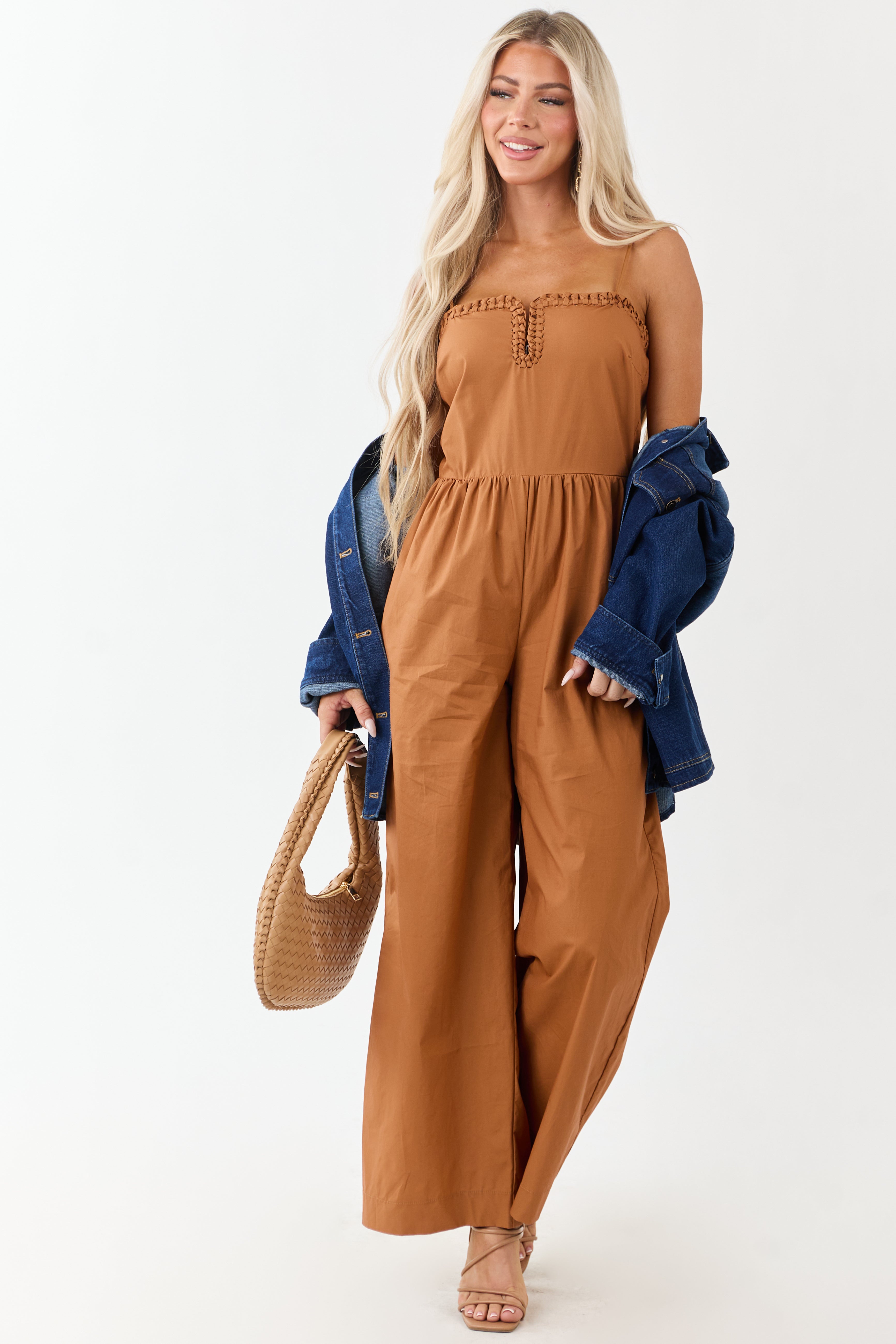 Sandstone Braided Notch Neck Wide Leg Cotton Jumpsuit