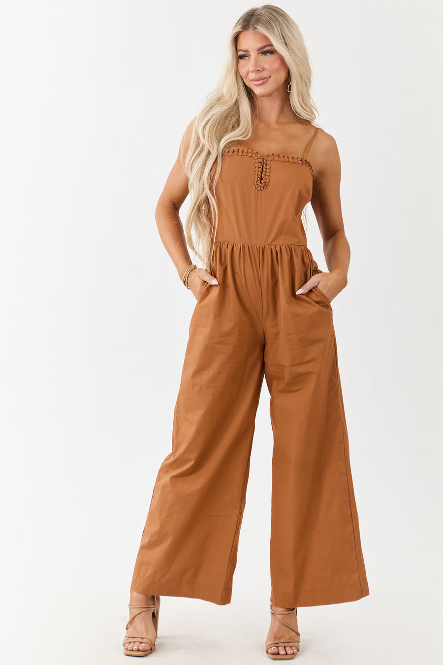 Sandstone Braided Notch Neck Wide Leg Cotton Jumpsuit