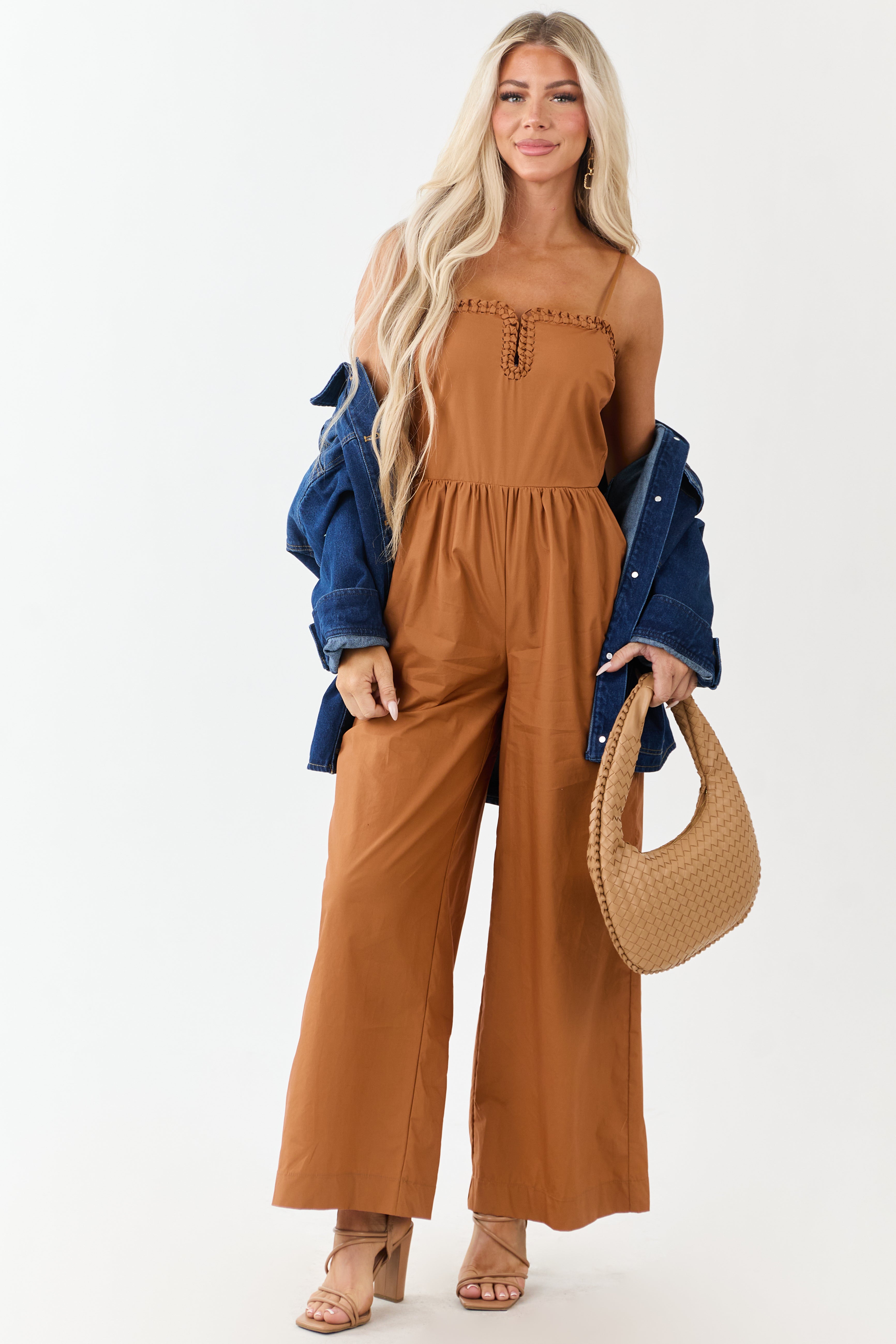 Sandstone Braided Notch Neck Wide Leg Cotton Jumpsuit