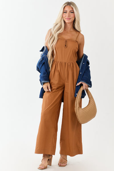 Sandstone Braided Notch Neck Wide Leg Cotton Jumpsuit