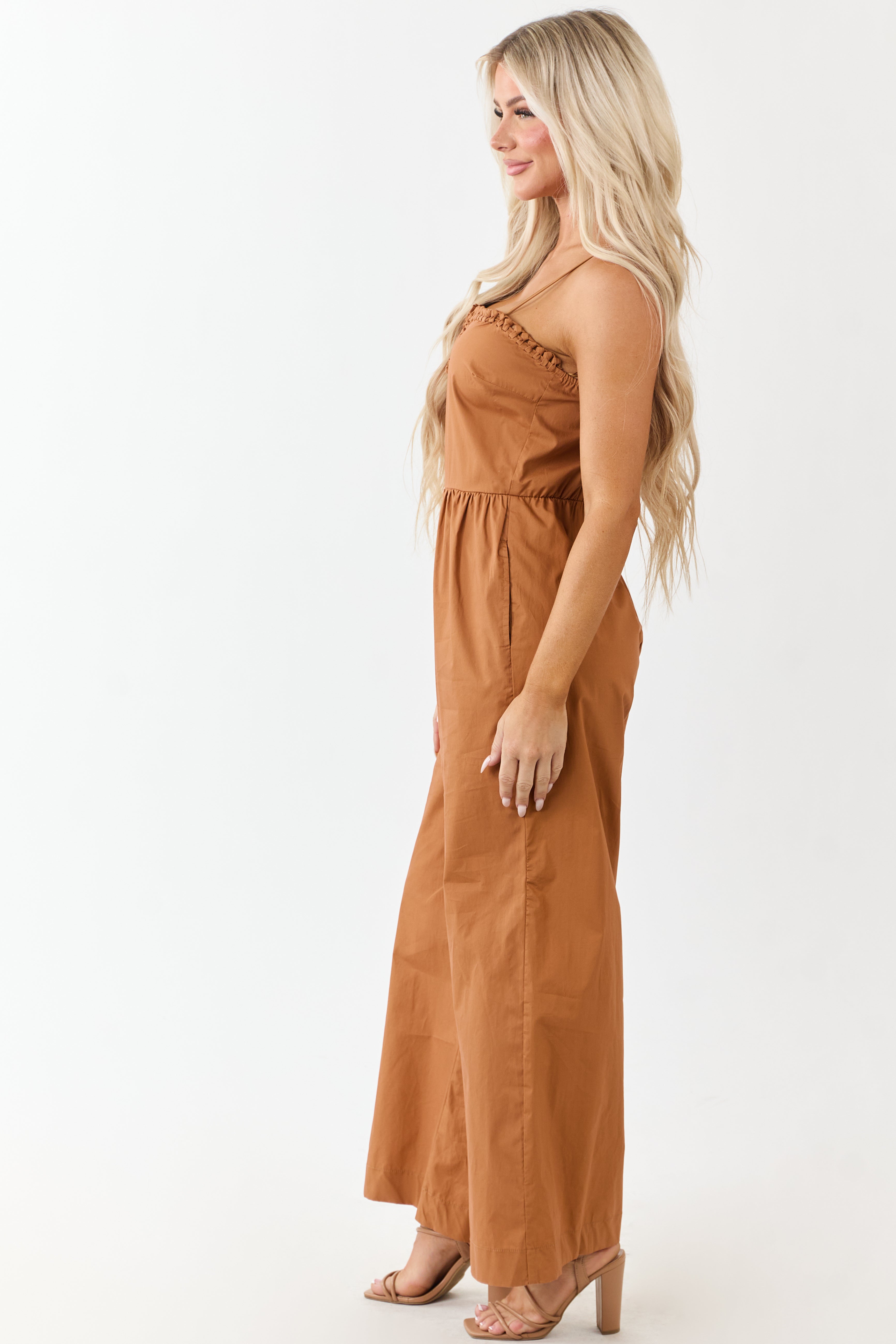 Sandstone Braided Notch Neck Wide Leg Cotton Jumpsuit
