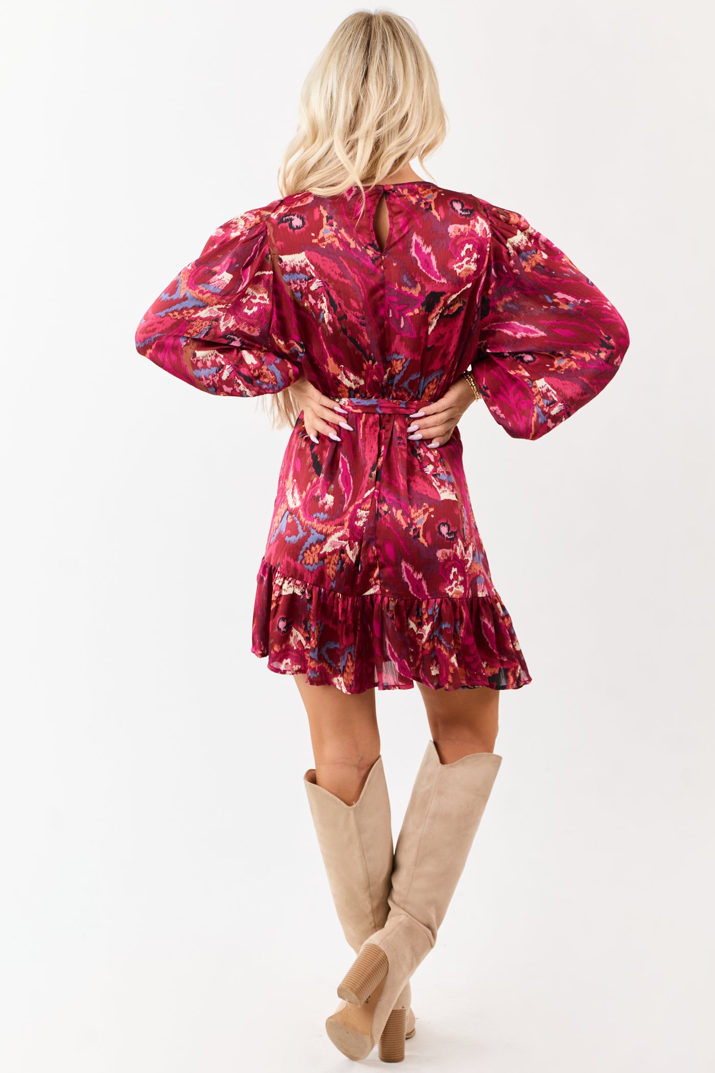 Sangria Abstract Print Waist Tie Flowy Mini Dress