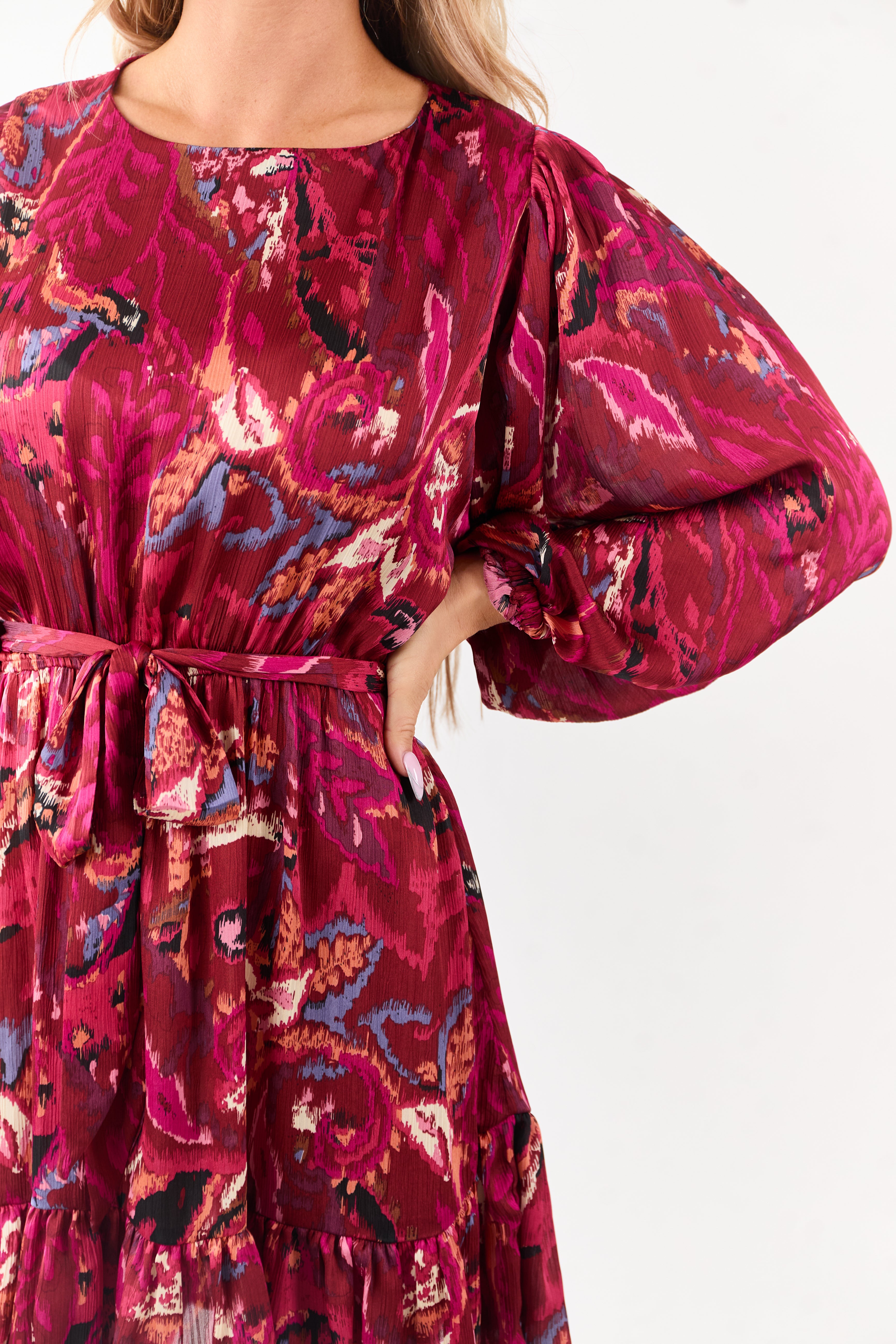 Sangria Abstract Print Waist Tie Flowy Mini Dress