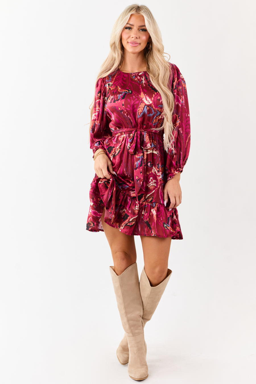 Sangria Abstract Print Waist Tie Flowy Mini Dress