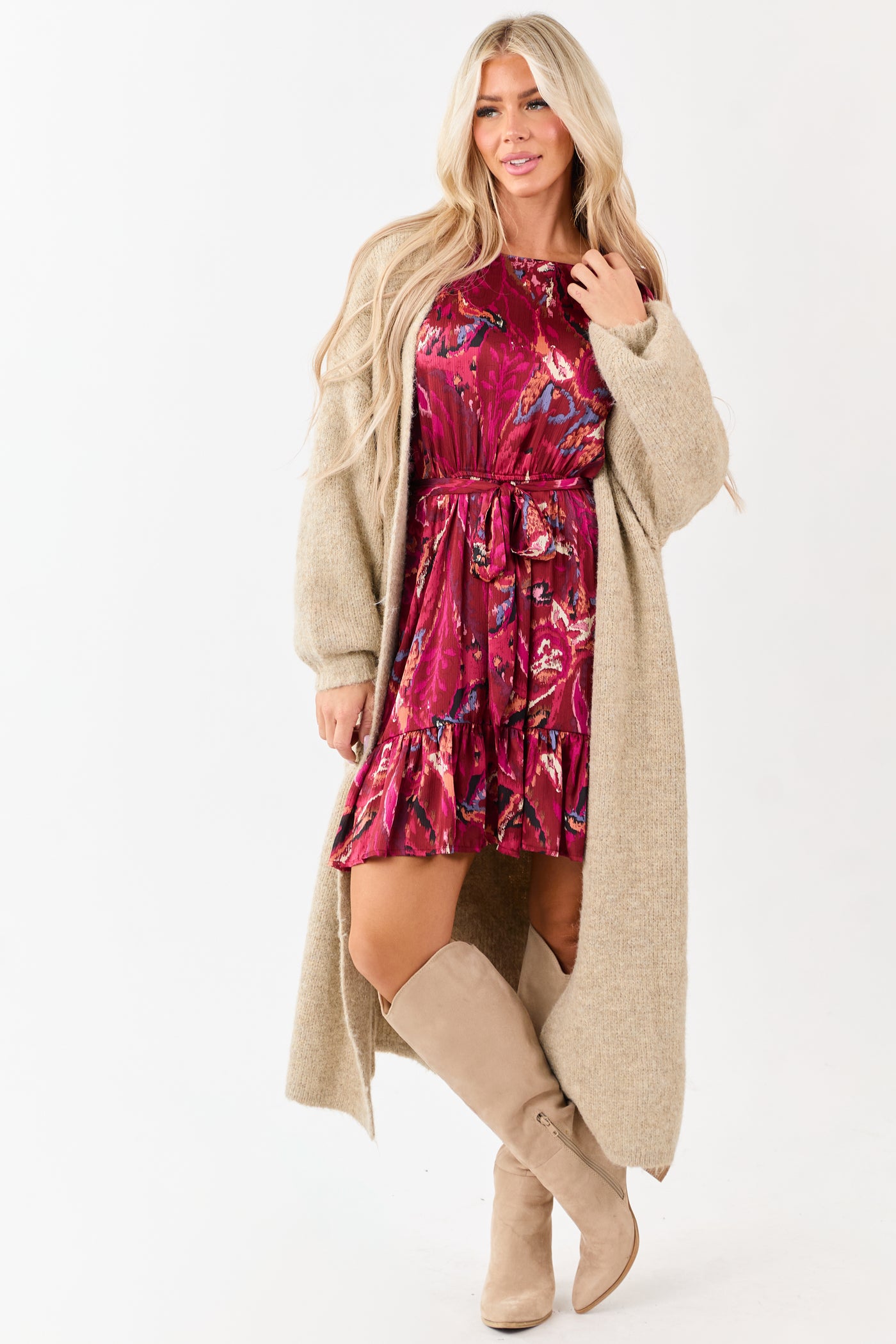 Sangria Abstract Print Waist Tie Flowy Mini Dress