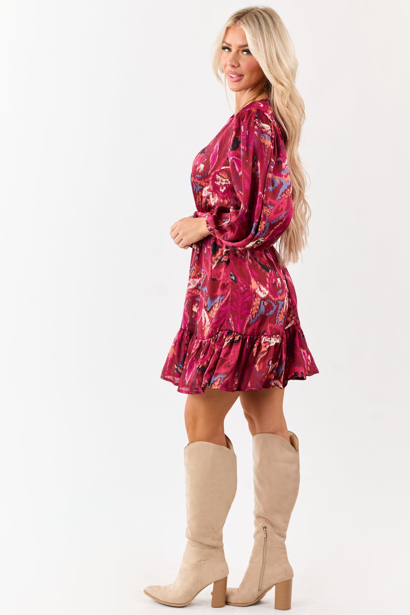 Sangria Abstract Print Waist Tie Flowy Mini Dress