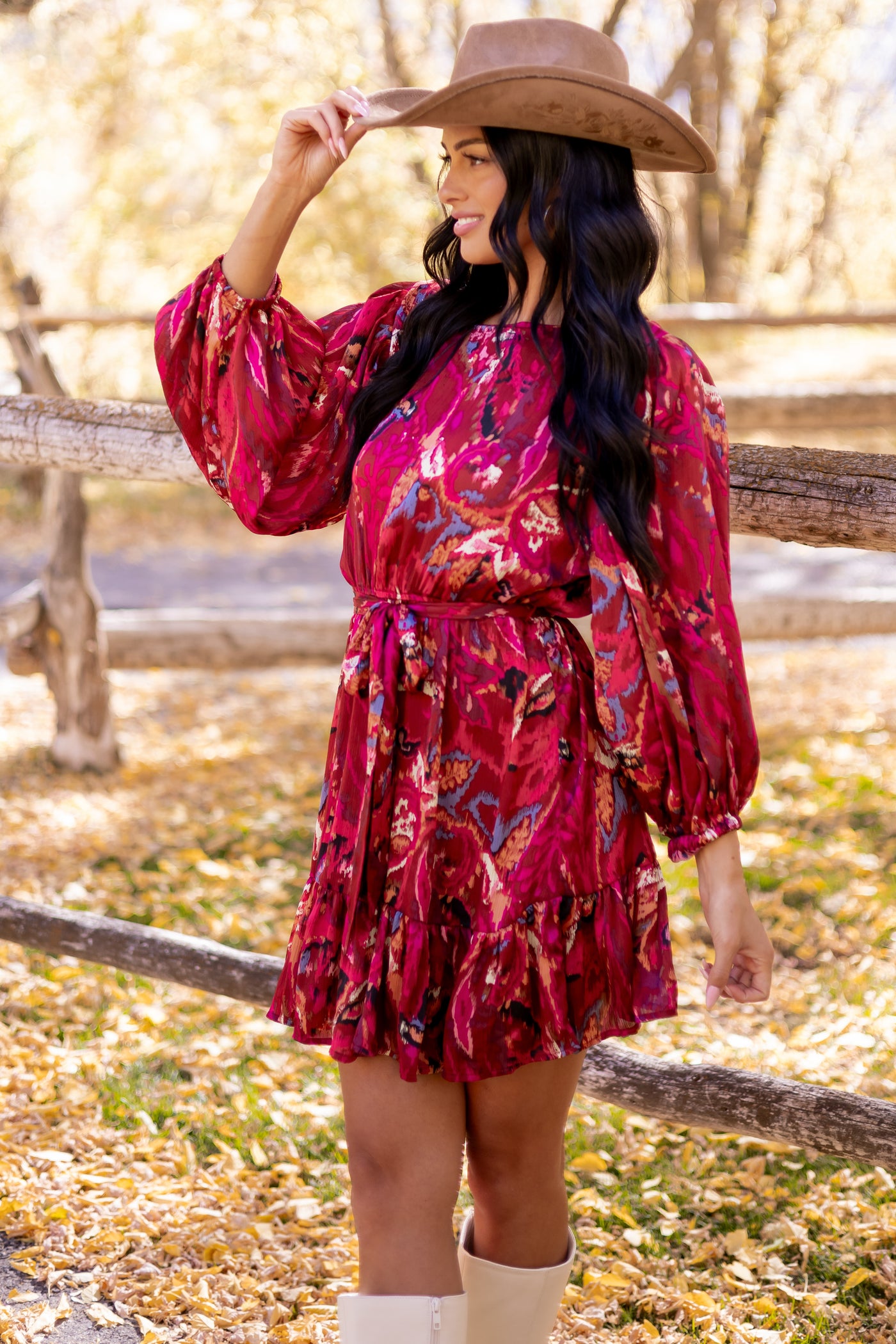 Sangria Abstract Print Waist Tie Flowy Mini Dress