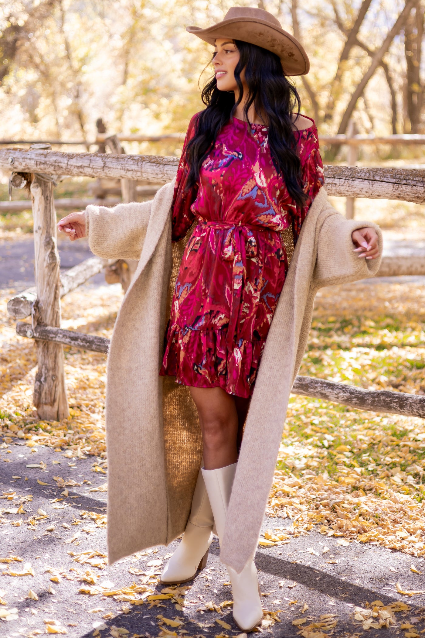 Sangria Abstract Print Waist Tie Flowy Mini Dress