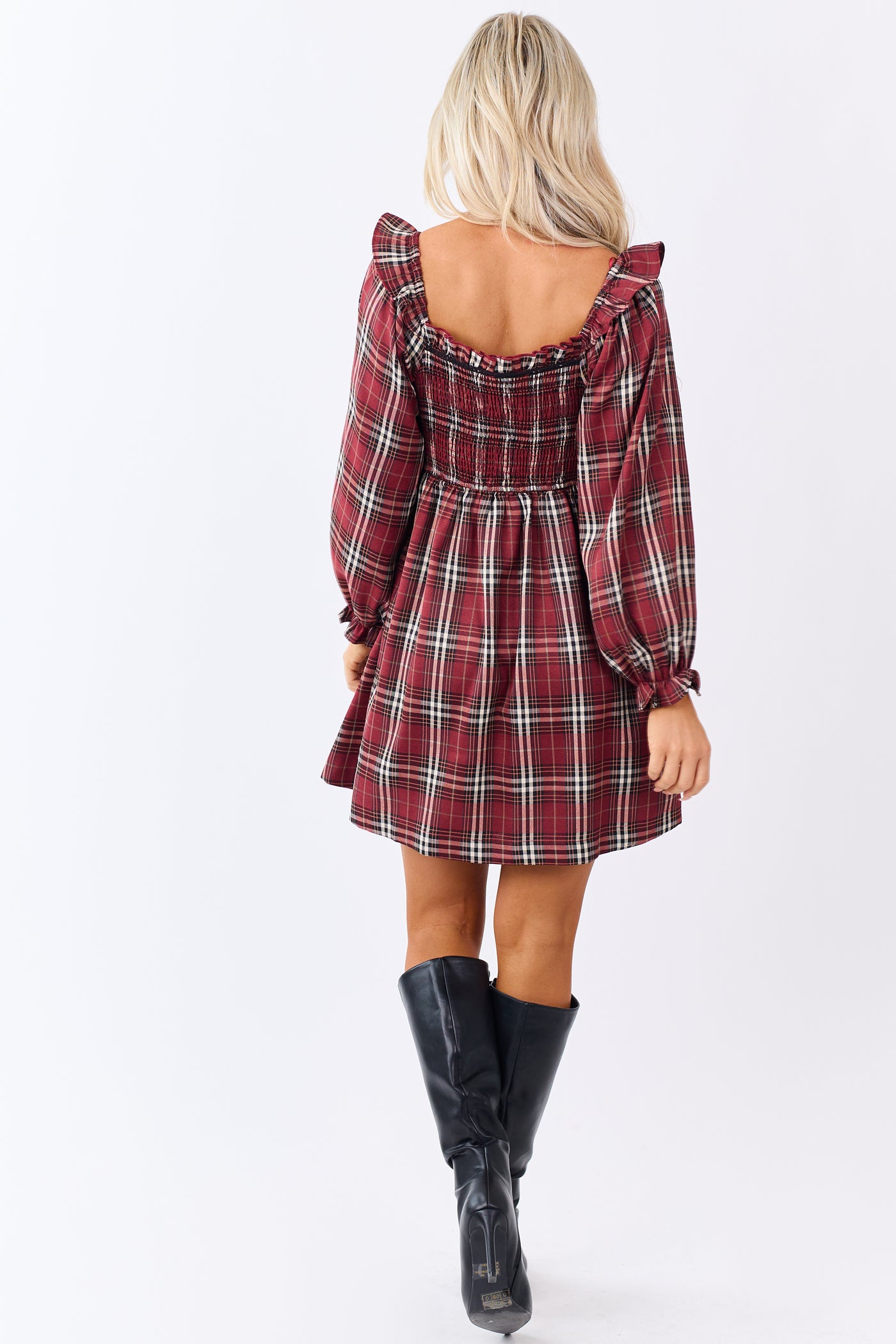 Sangria Plaid Ruffle Trim Smocked Bodice Mini Dress