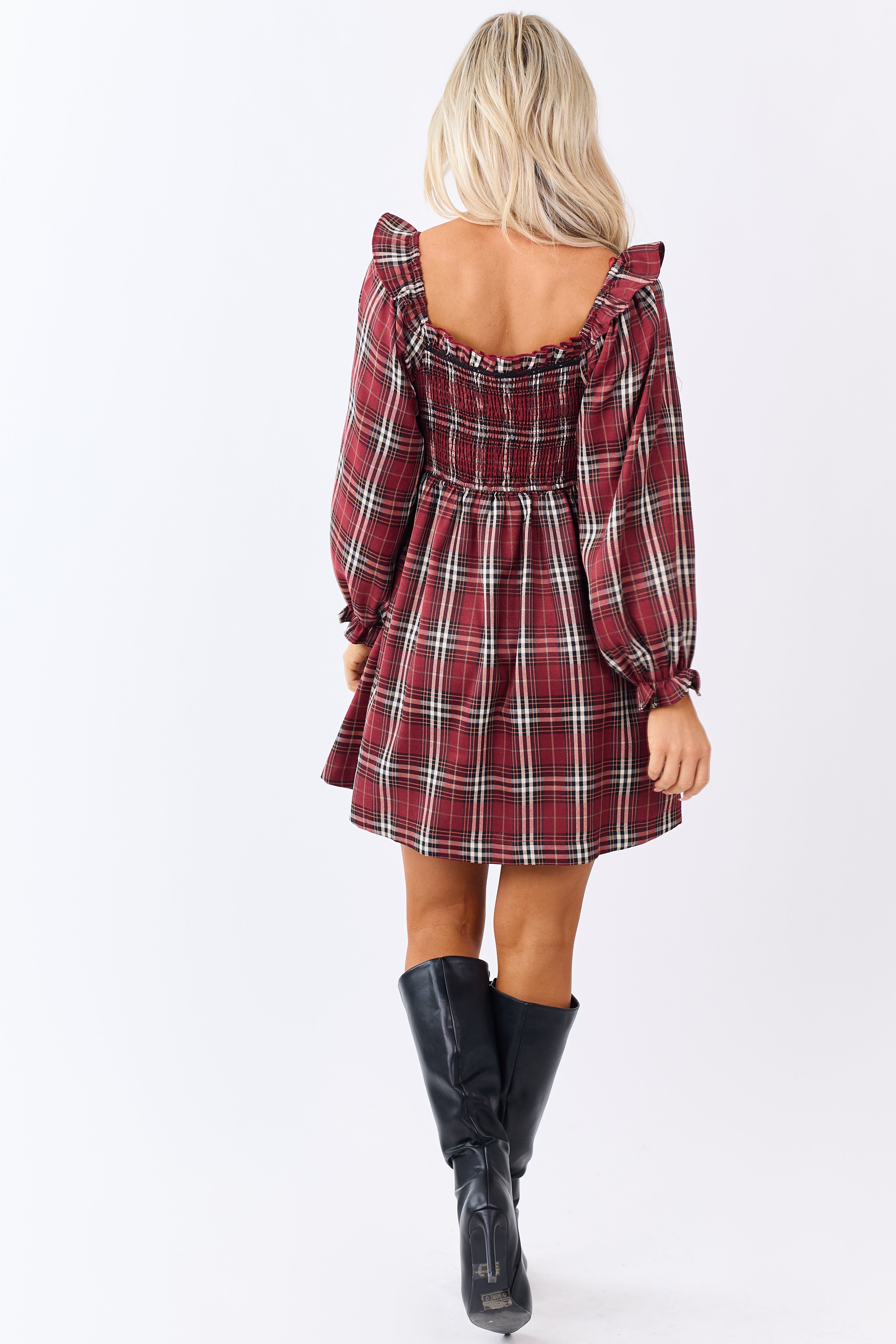 Sangria Plaid Ruffle Trim Smocked Bodice Mini Dress