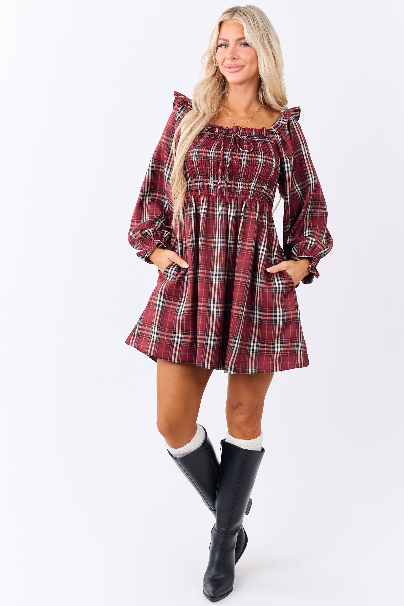 Sangria Plaid Ruffle Trim Smocked Bodice Mini Dress Sangria Plaid Ruffle Trim Smocked Bodice Mini Dress
