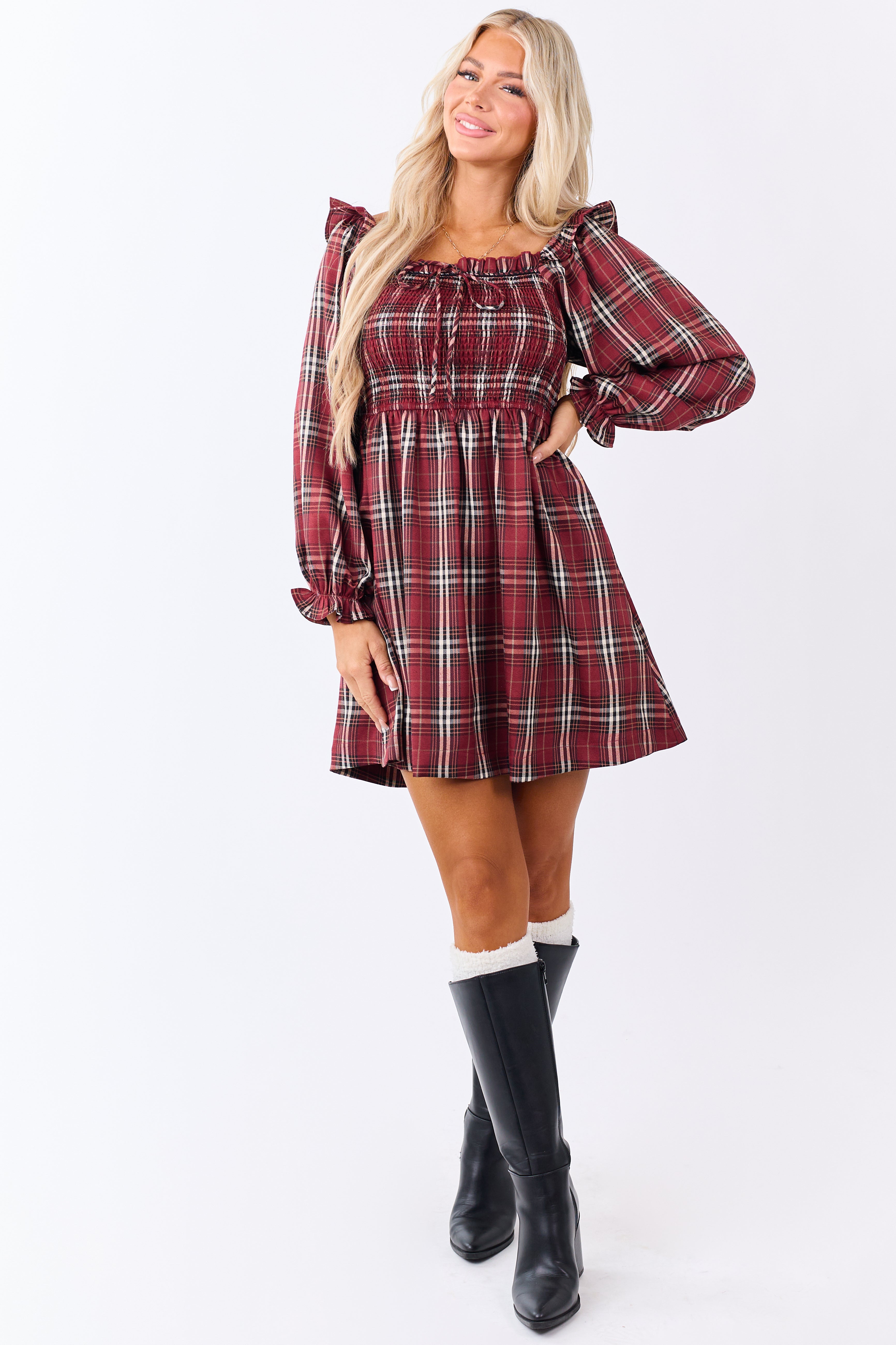 Sangria Plaid Ruffle Trim Smocked Bodice Mini Dress