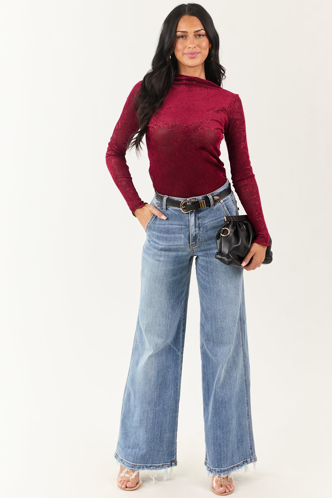 Sangria Rose Velvet Textured Mesh Long Sleeve Top