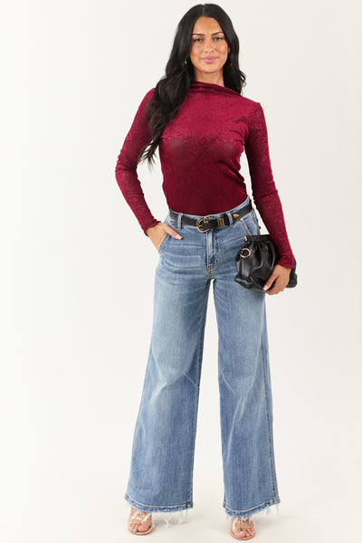 Sangria Rose Velvet Textured Mesh Long Sleeve Top