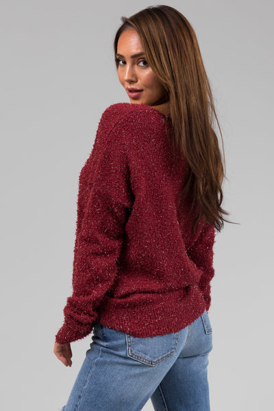 Sangria Textured V-Neck Lightweight Sweater
