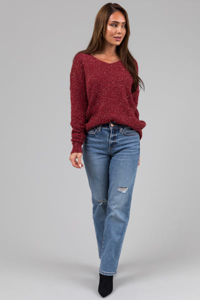 Sangria Textured V-Neck Lightweight Sweater