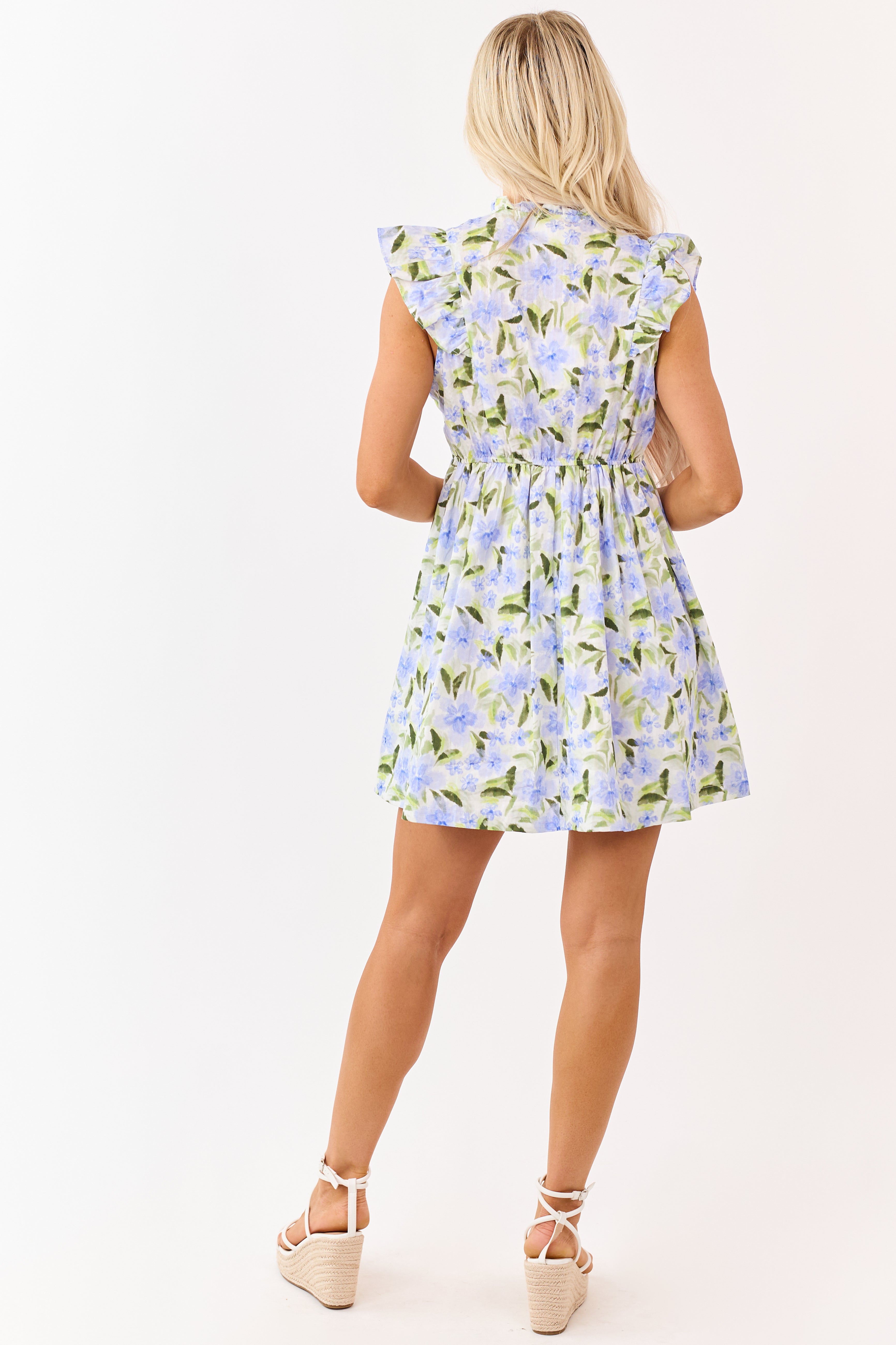 Sapphire Cotton Floral Print Ruffle Trim Mini Dress