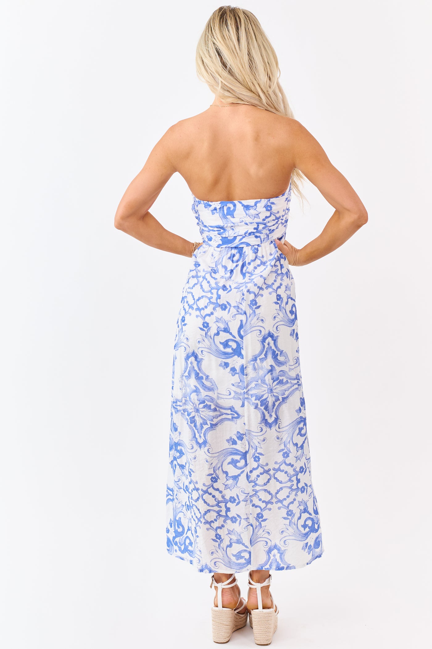 Sapphire Damask Floral Pattern Strapless Maxi Dress