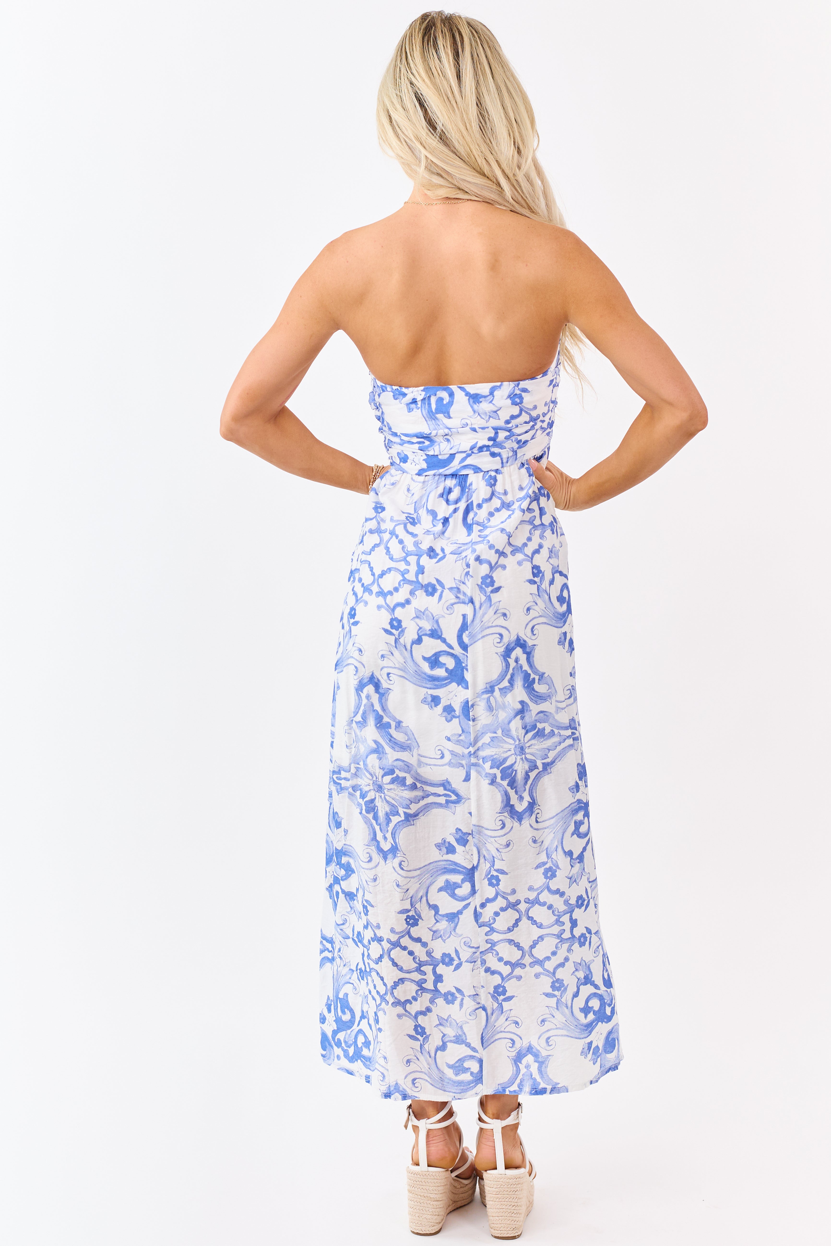 Sapphire Damask Floral Pattern Strapless Maxi Dress