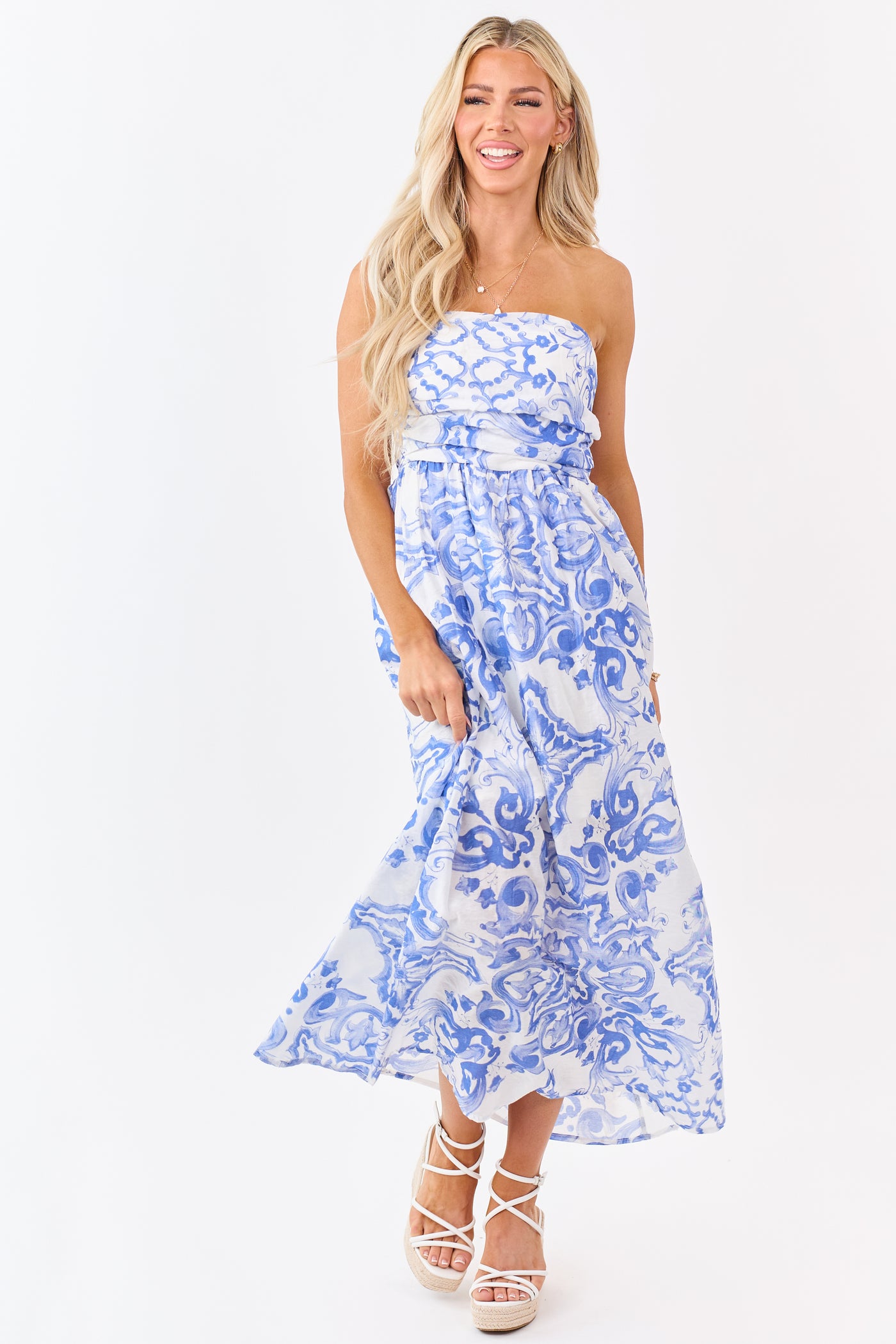 Sapphire Damask Floral Pattern Strapless Maxi Dress