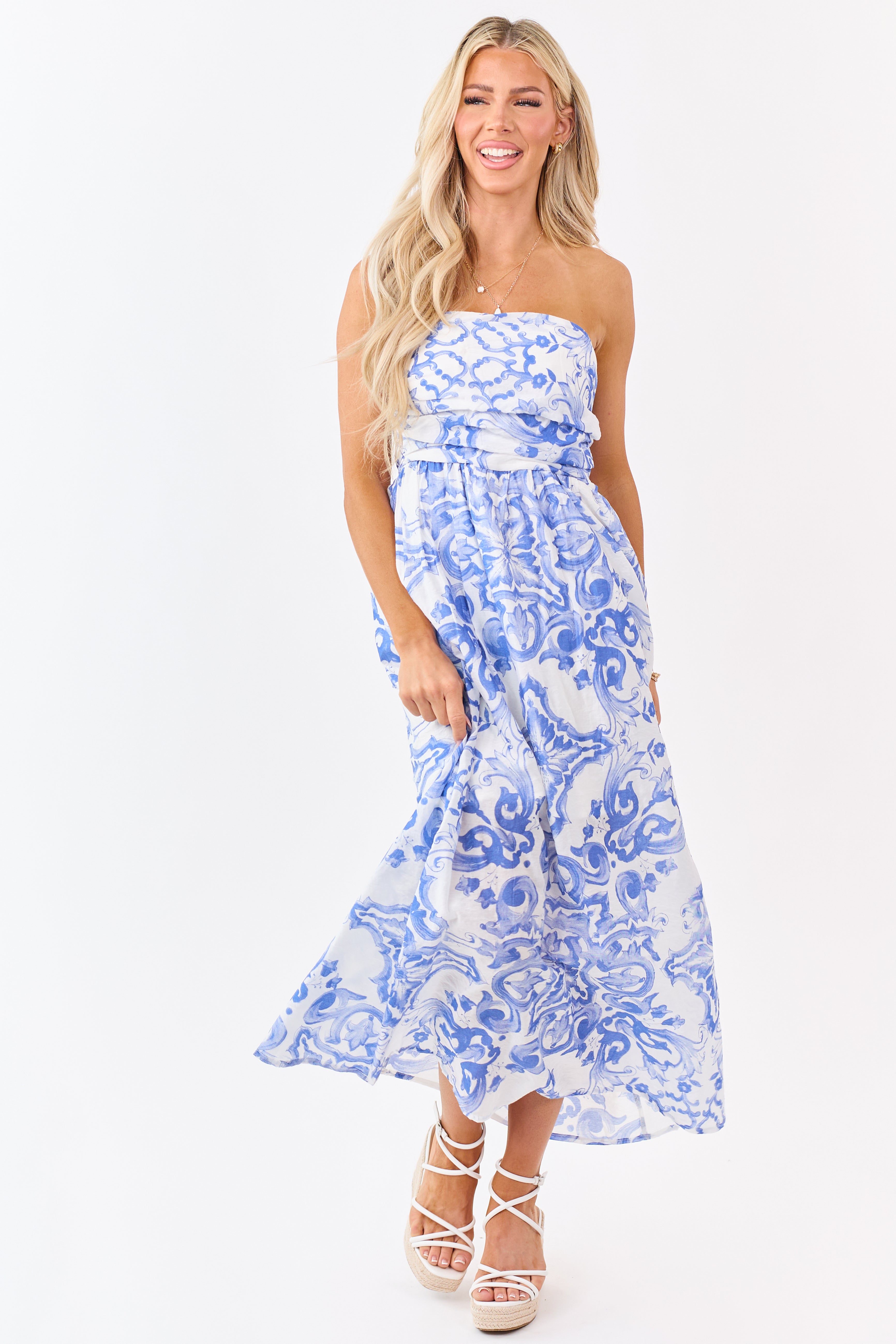 Sapphire Damask Floral Pattern Strapless Maxi Dress