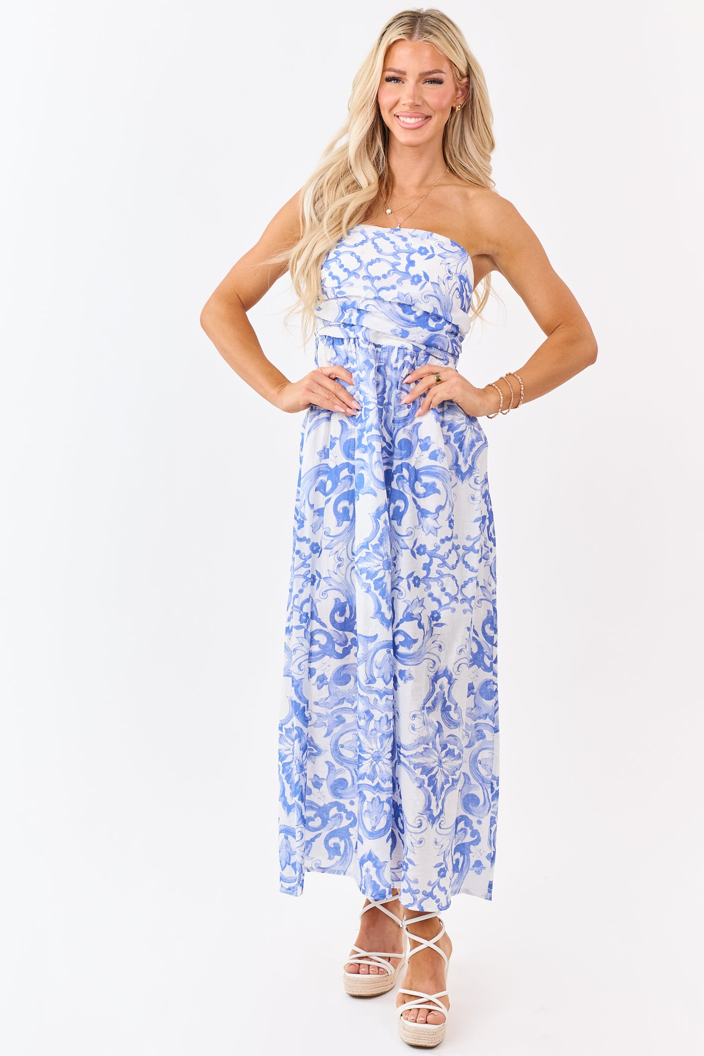 Sapphire Damask Floral Pattern Strapless Maxi Dress