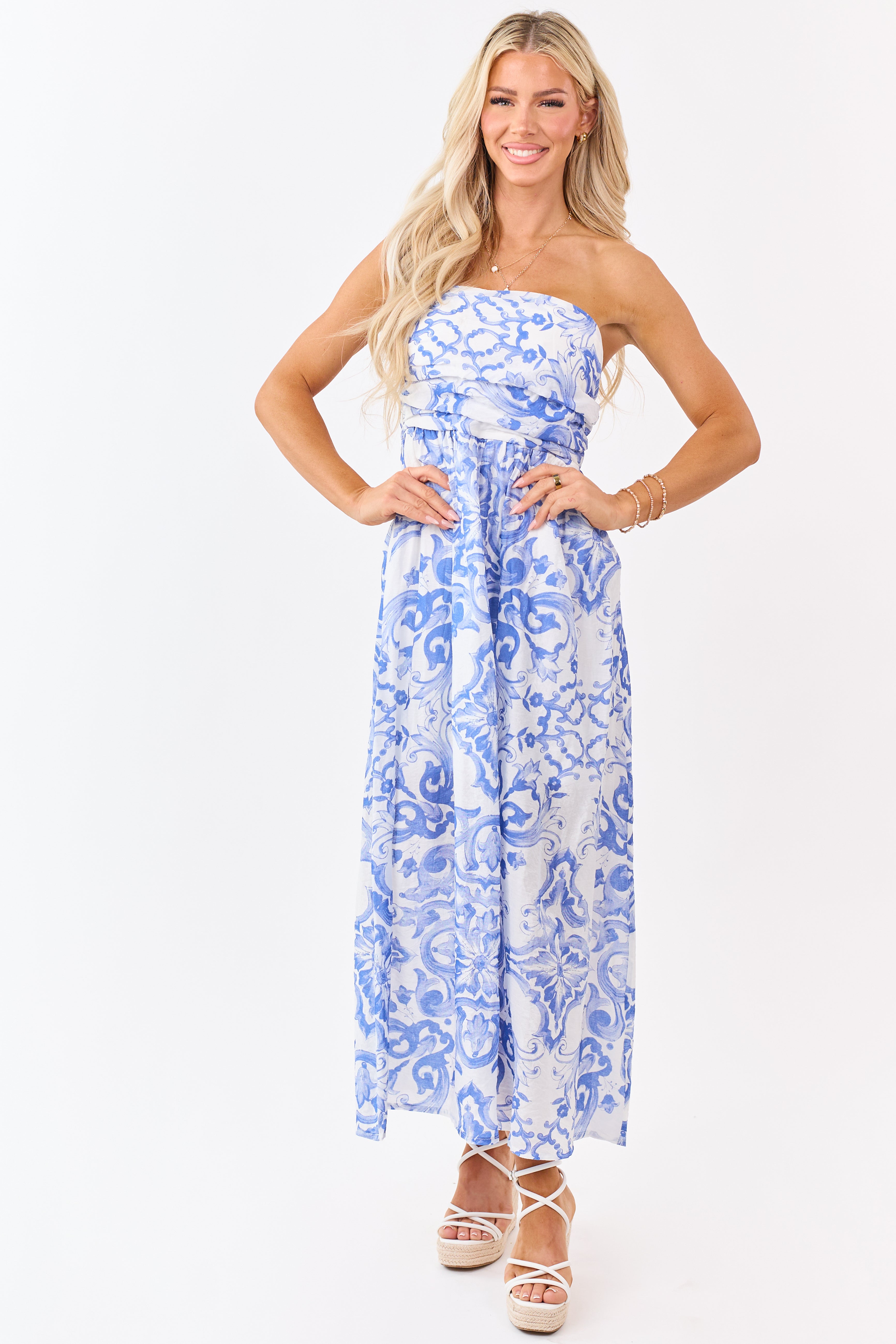 Sapphire Damask Floral Pattern Strapless Maxi Dress