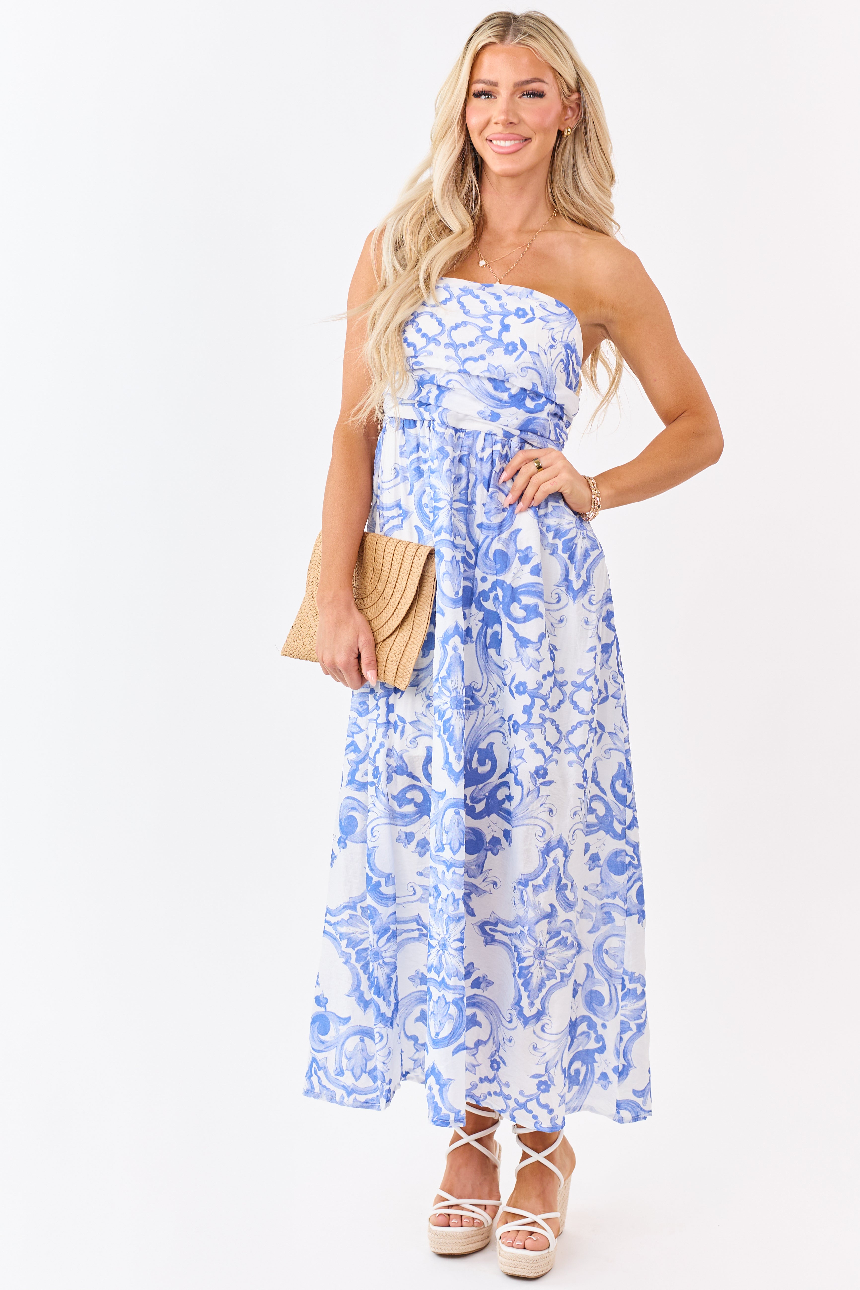 Sapphire Damask Floral Pattern Strapless Maxi Dress