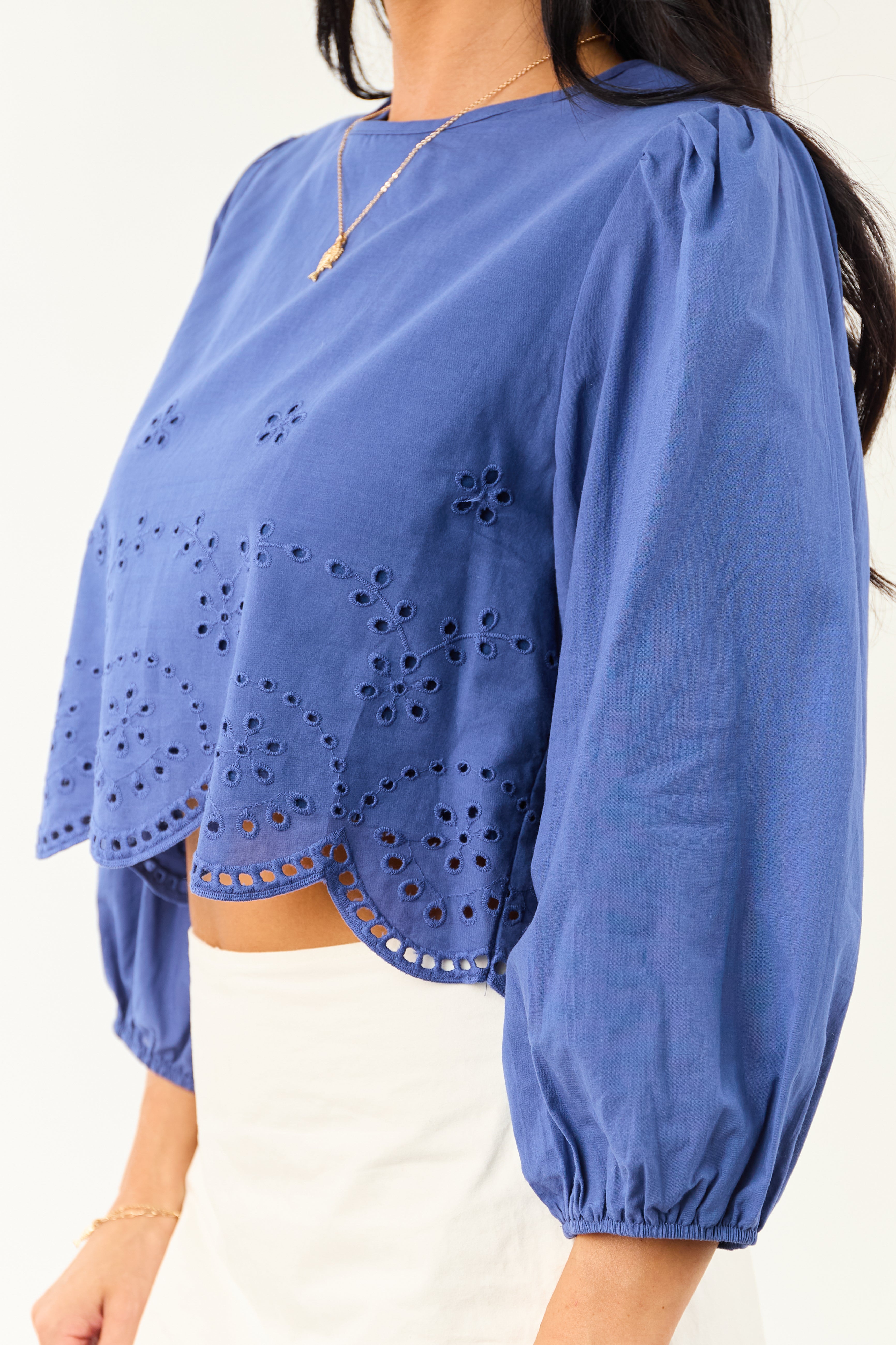 Sapphire Eyelet Long Sleeve Cotton Crop Top