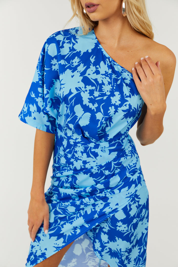 Sapphire Floral Print One Shoulder Midi Dress