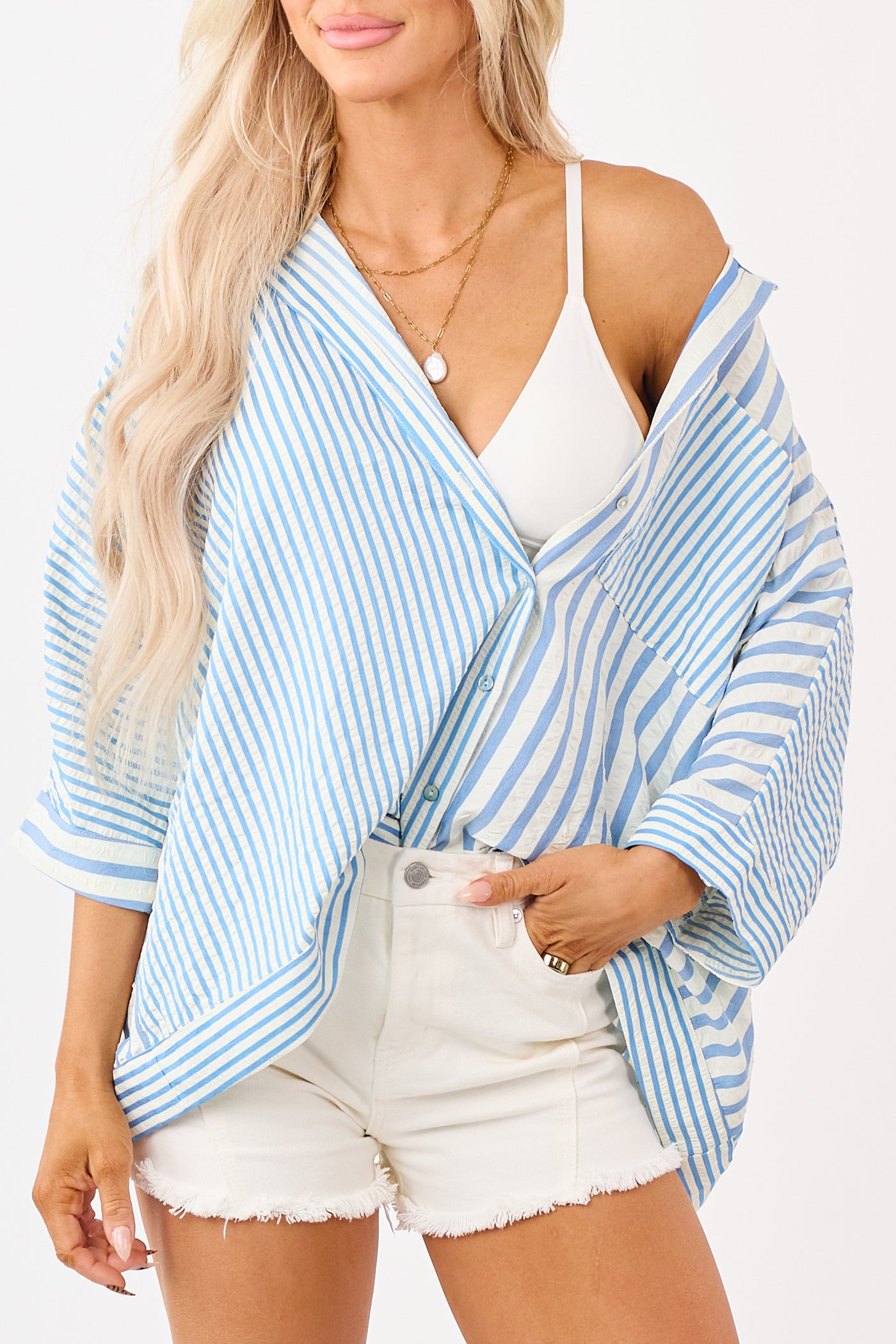 Sapphire Mixed Stripe Button Down Relaxed Top