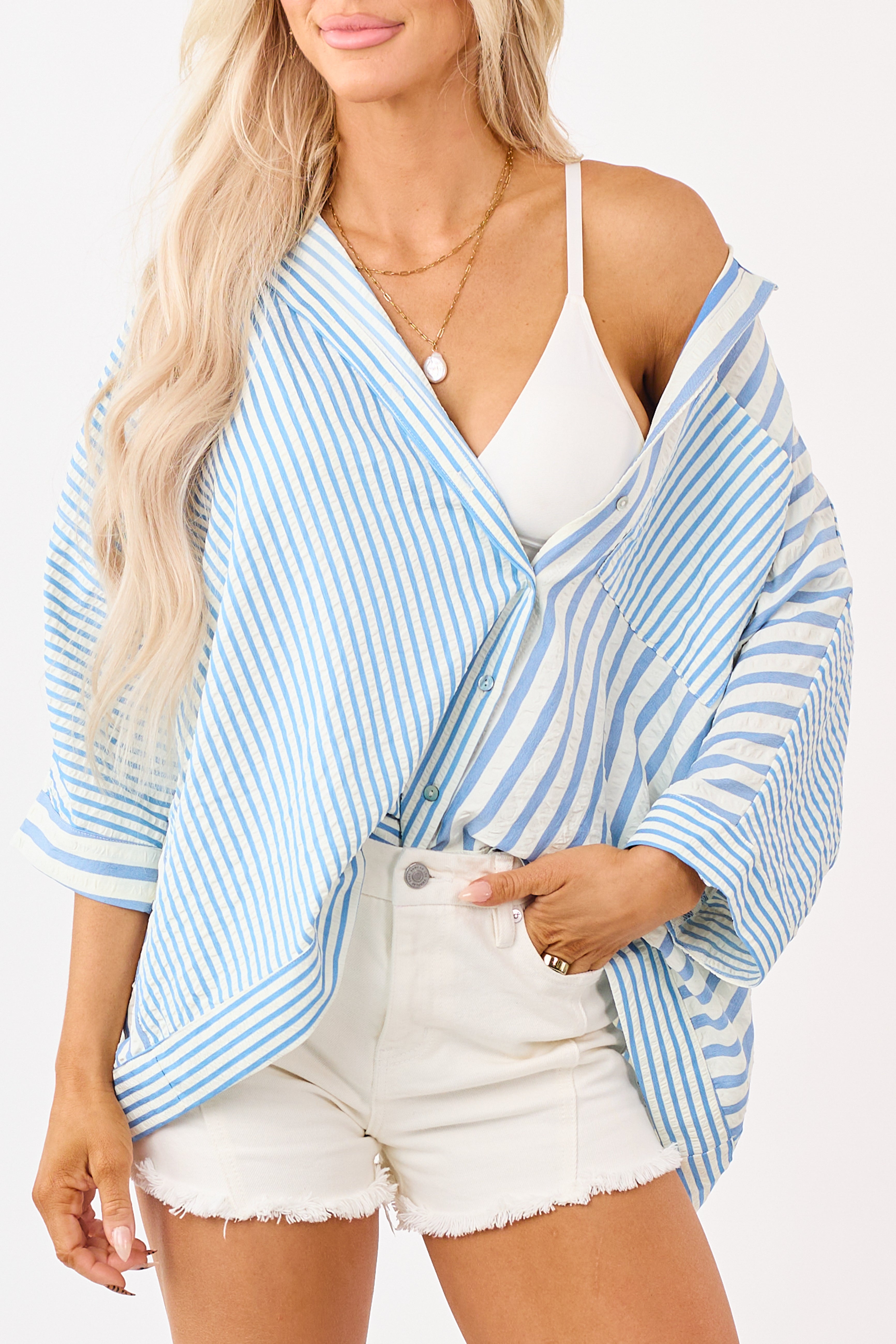 Sapphire Mixed Stripe Button Down Relaxed Top