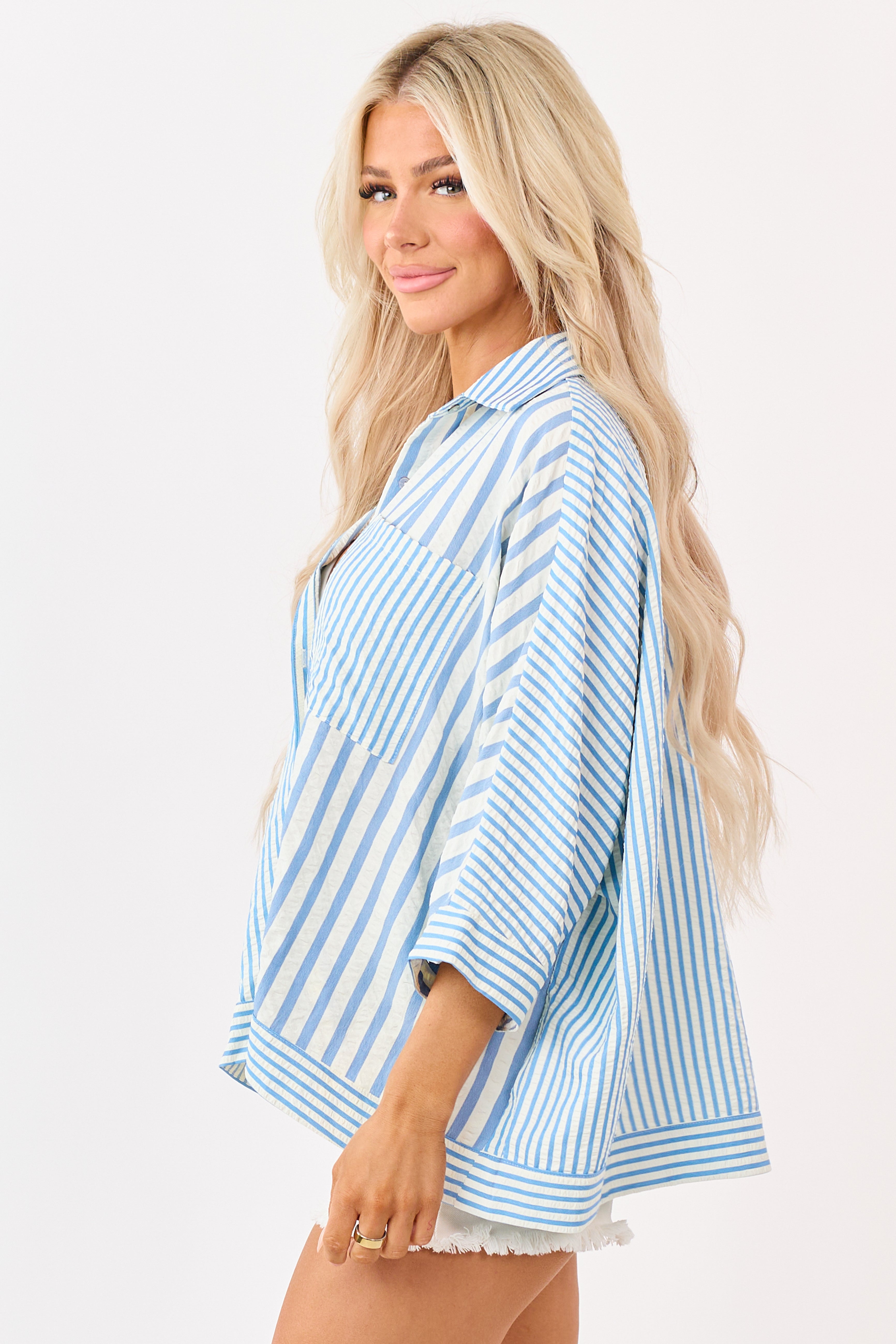 Sapphire Mixed Stripe Button Down Relaxed Top