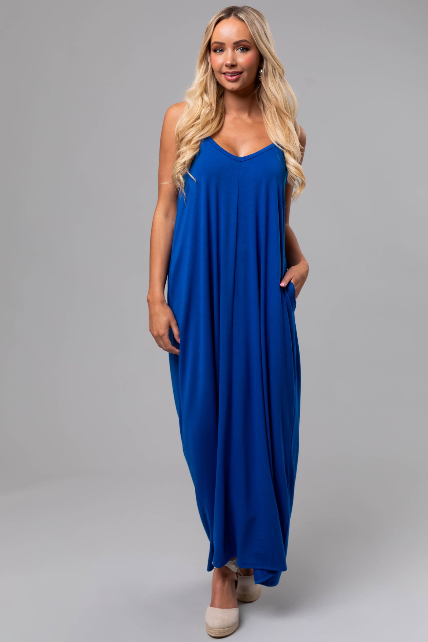 Sapphire Sleeveless Knit Maxi Dress with Pockets | Lime Lush