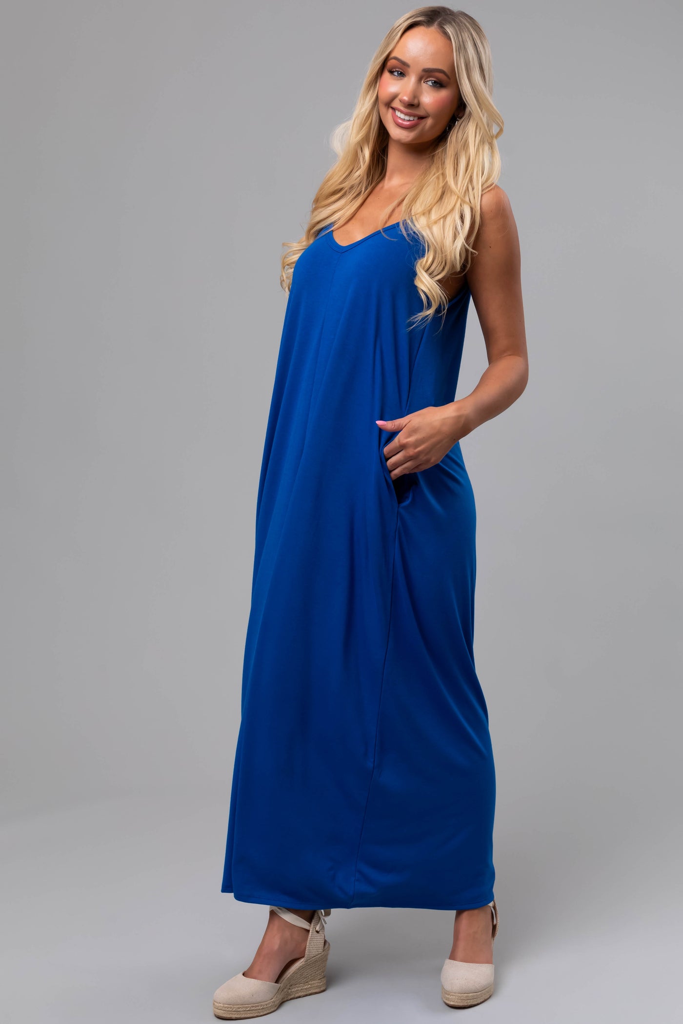 Sapphire Sleeveless Knit Maxi Dress with Pockets Lime Lush