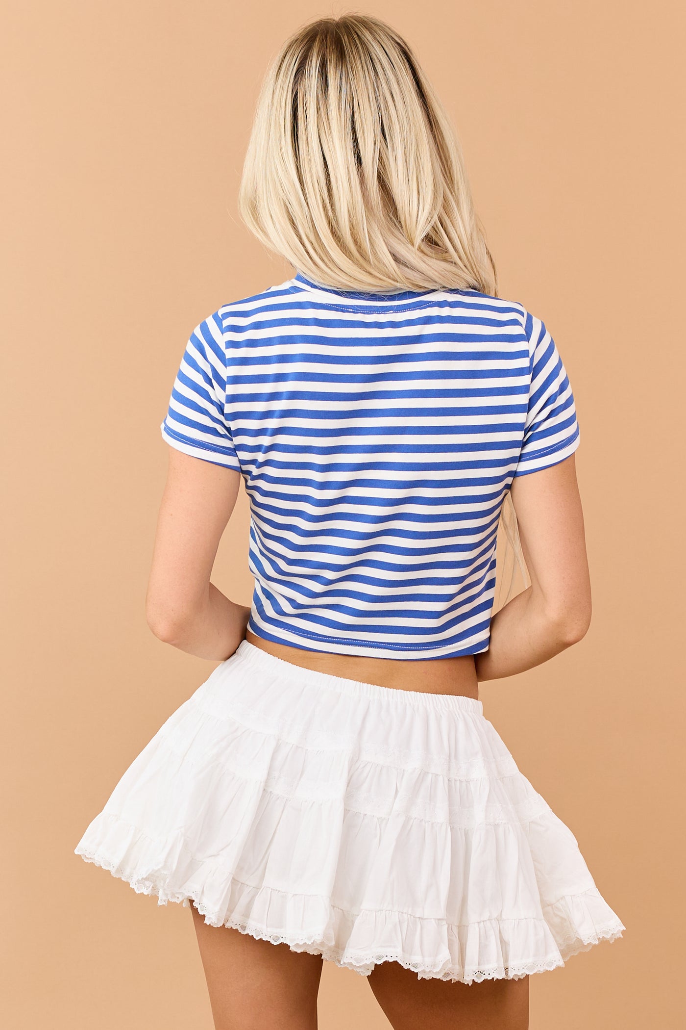 Sapphire Striped Cropped Short Sleeve Cotton Tee