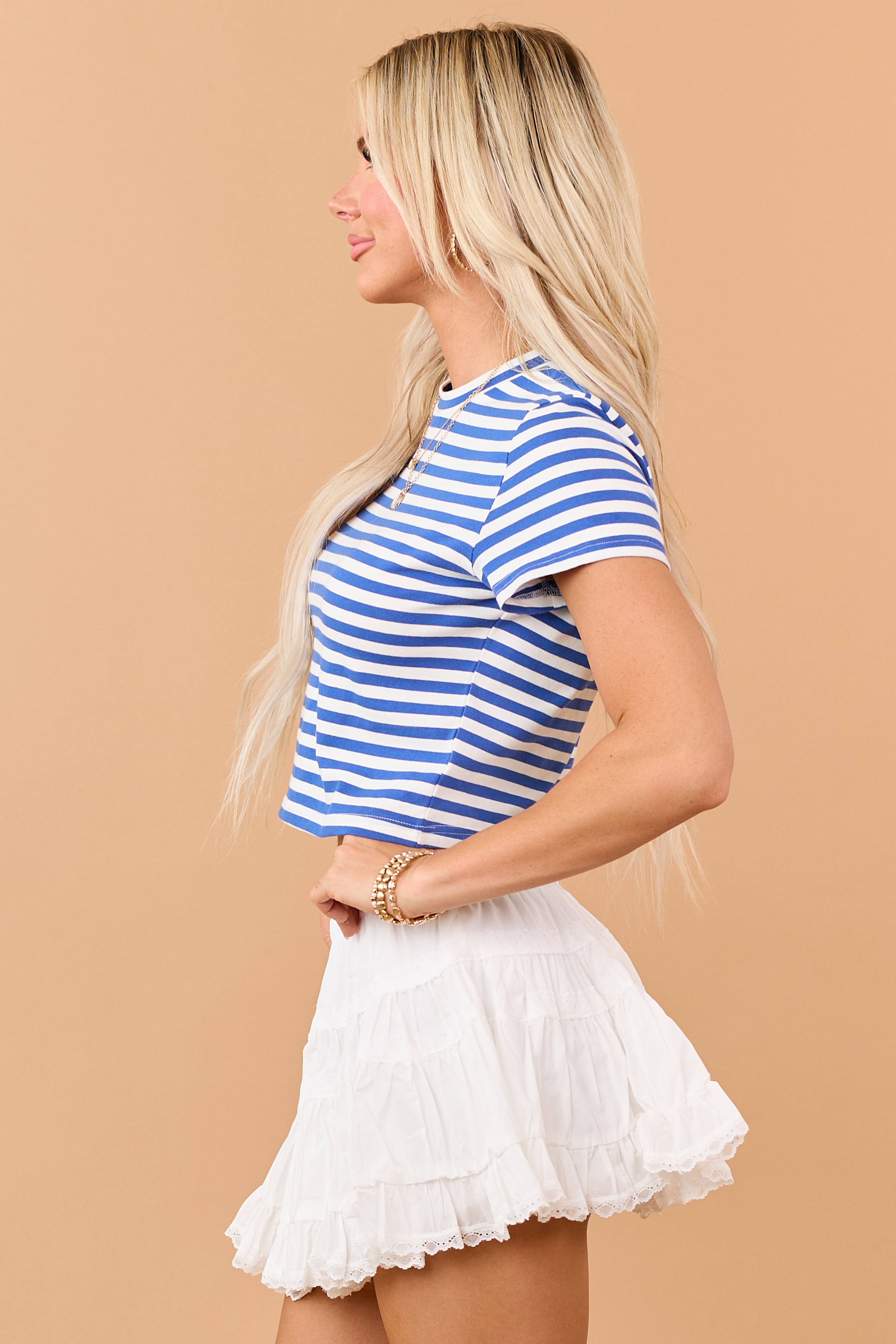 Sapphire Striped Cropped Short Sleeve Cotton Tee