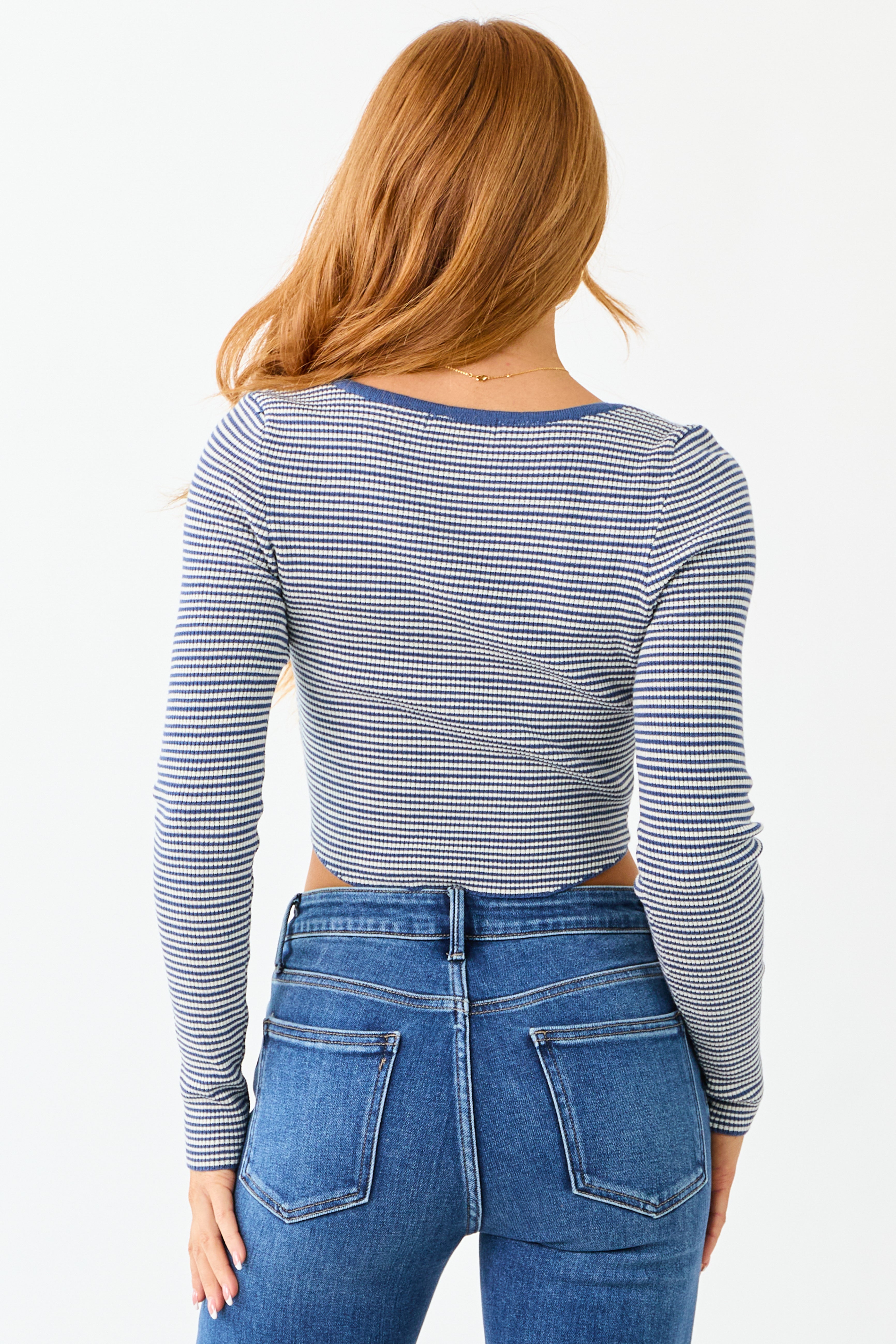 Sapphire Striped Cropped V Neck Long Sleeve Top