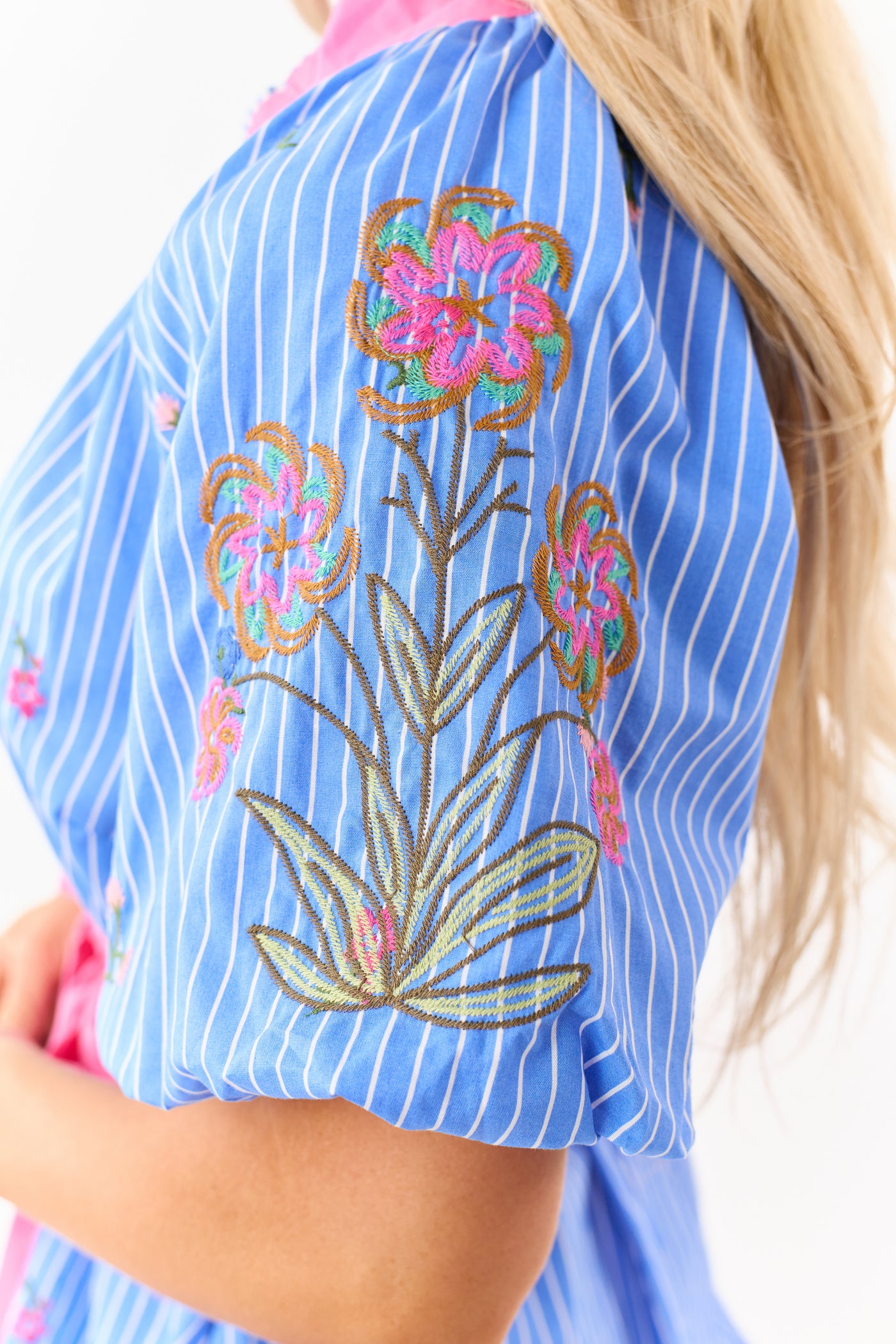 Sapphire Striped Floral Embroidered Cotton Mini Dress