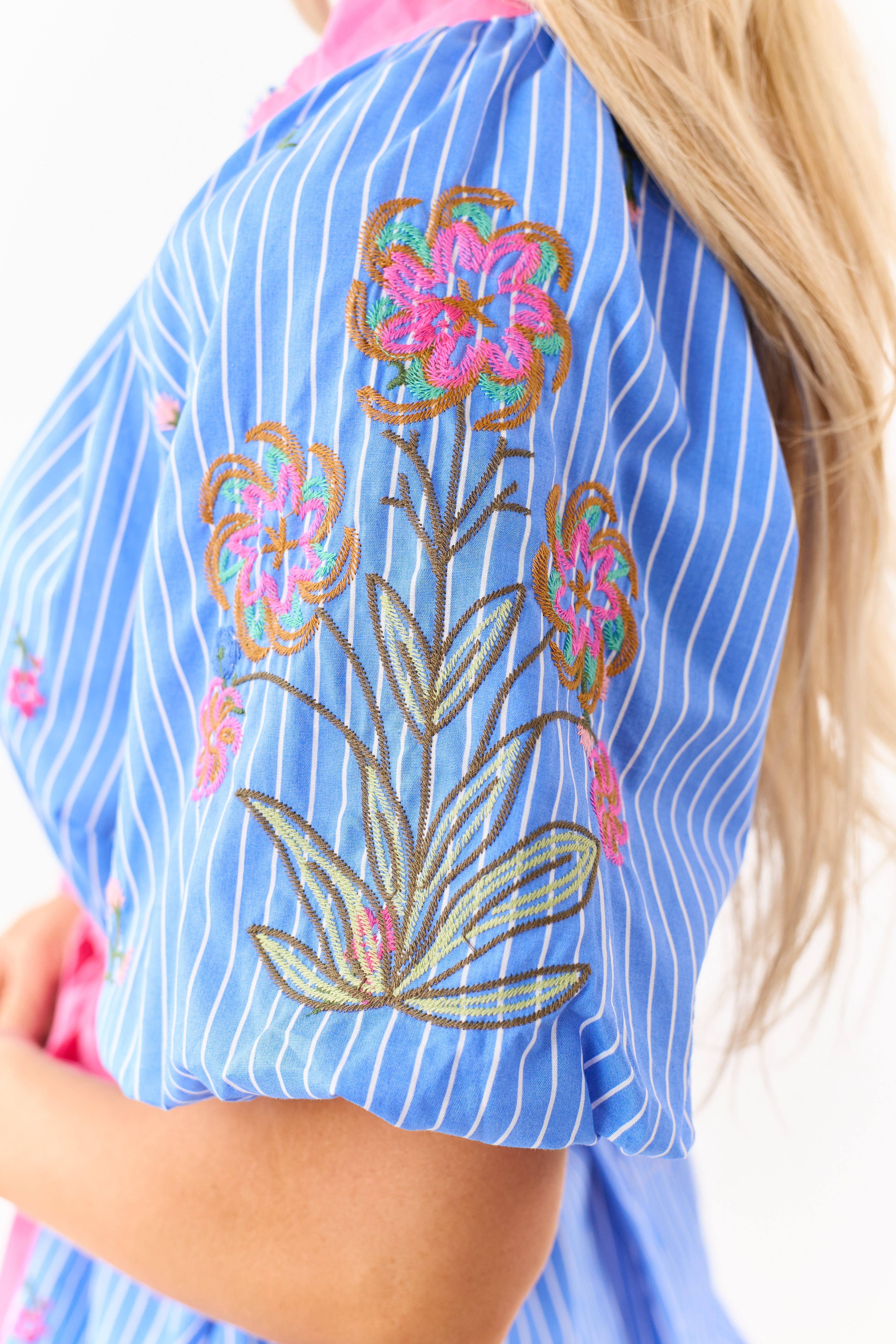 Sapphire Striped Floral Embroidered Cotton Mini Dress