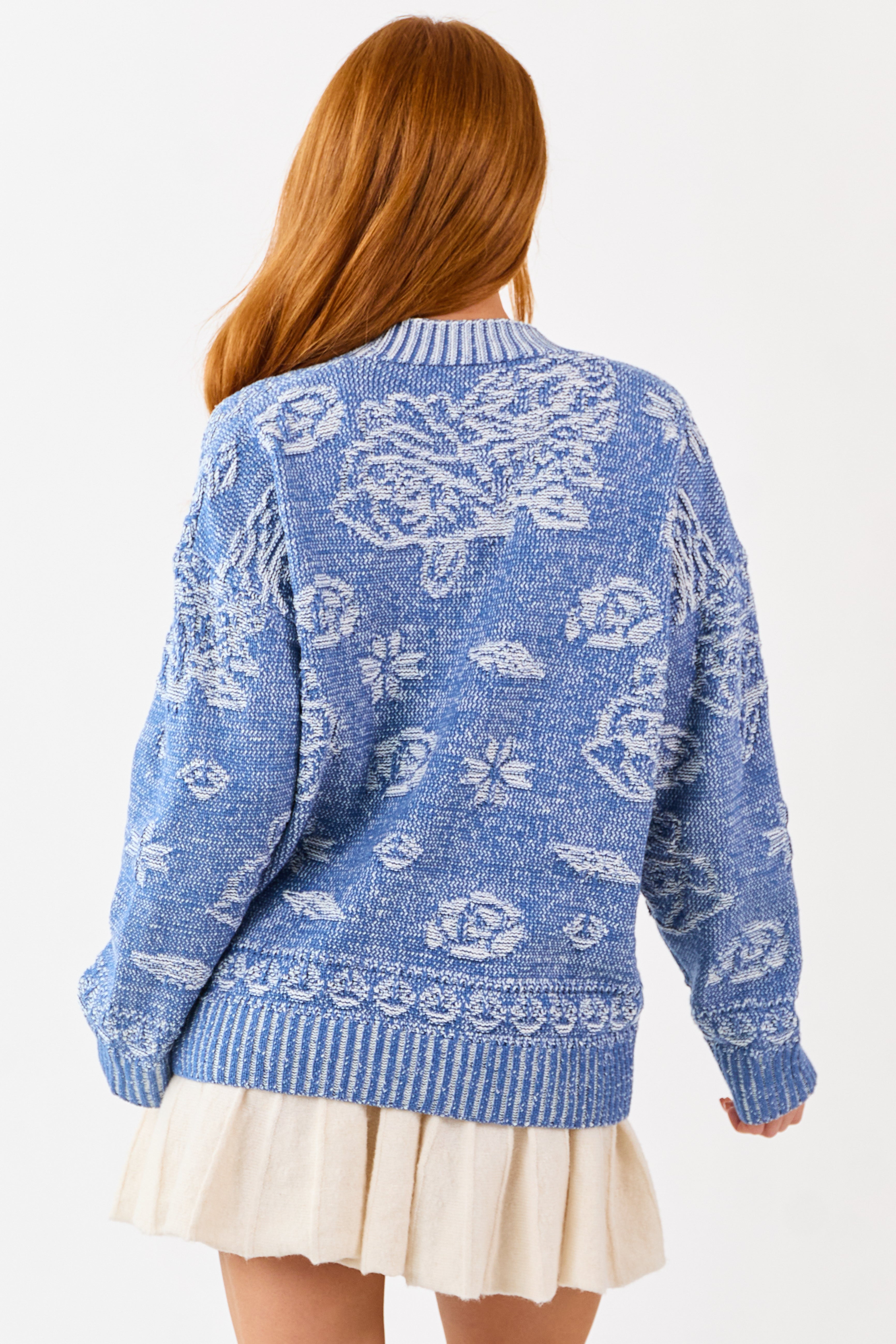 Sapphire Textured Floral Rib Trim Sweater Cardigan