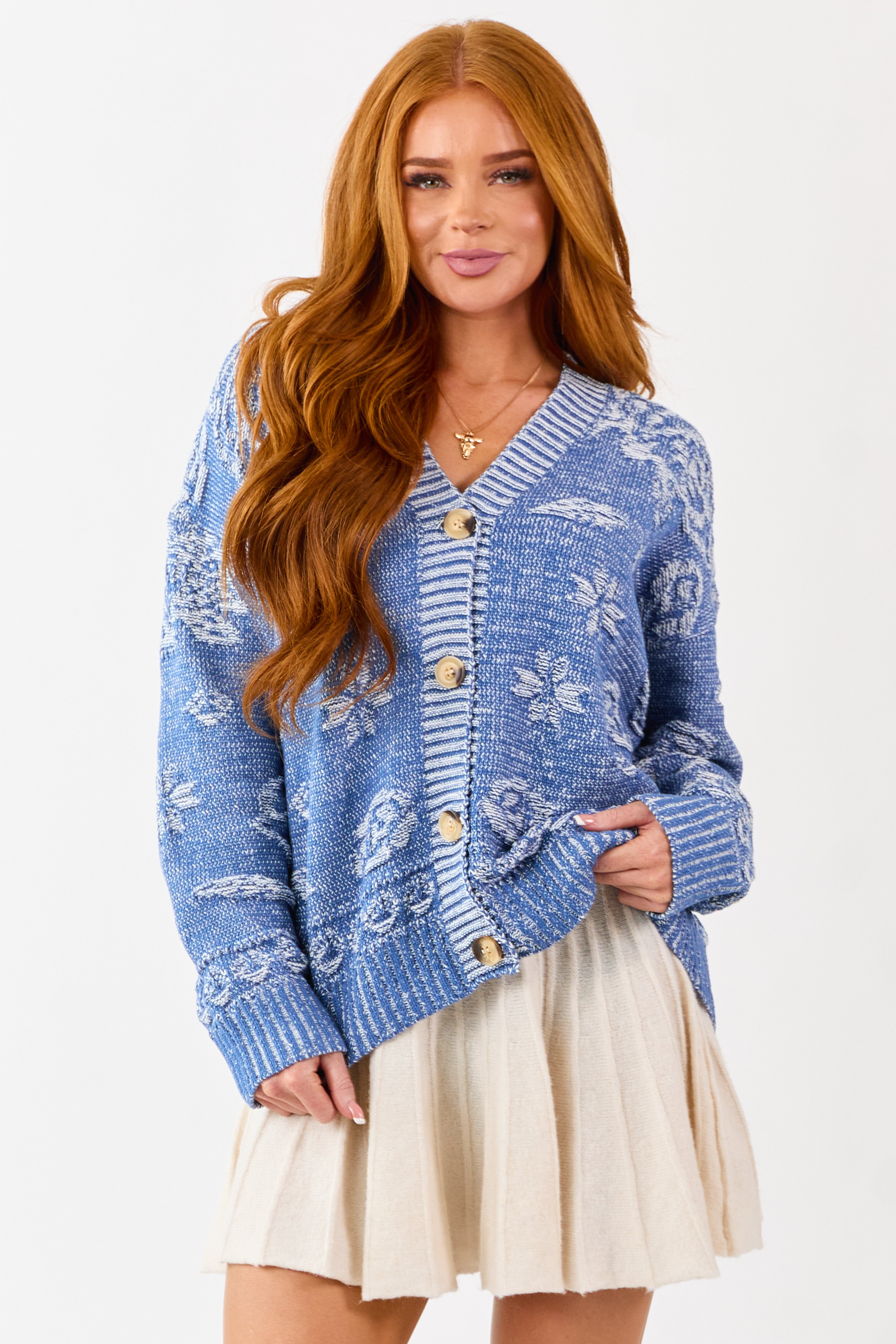 Sapphire Textured Floral Rib Trim Sweater Cardigan | Lime Lush