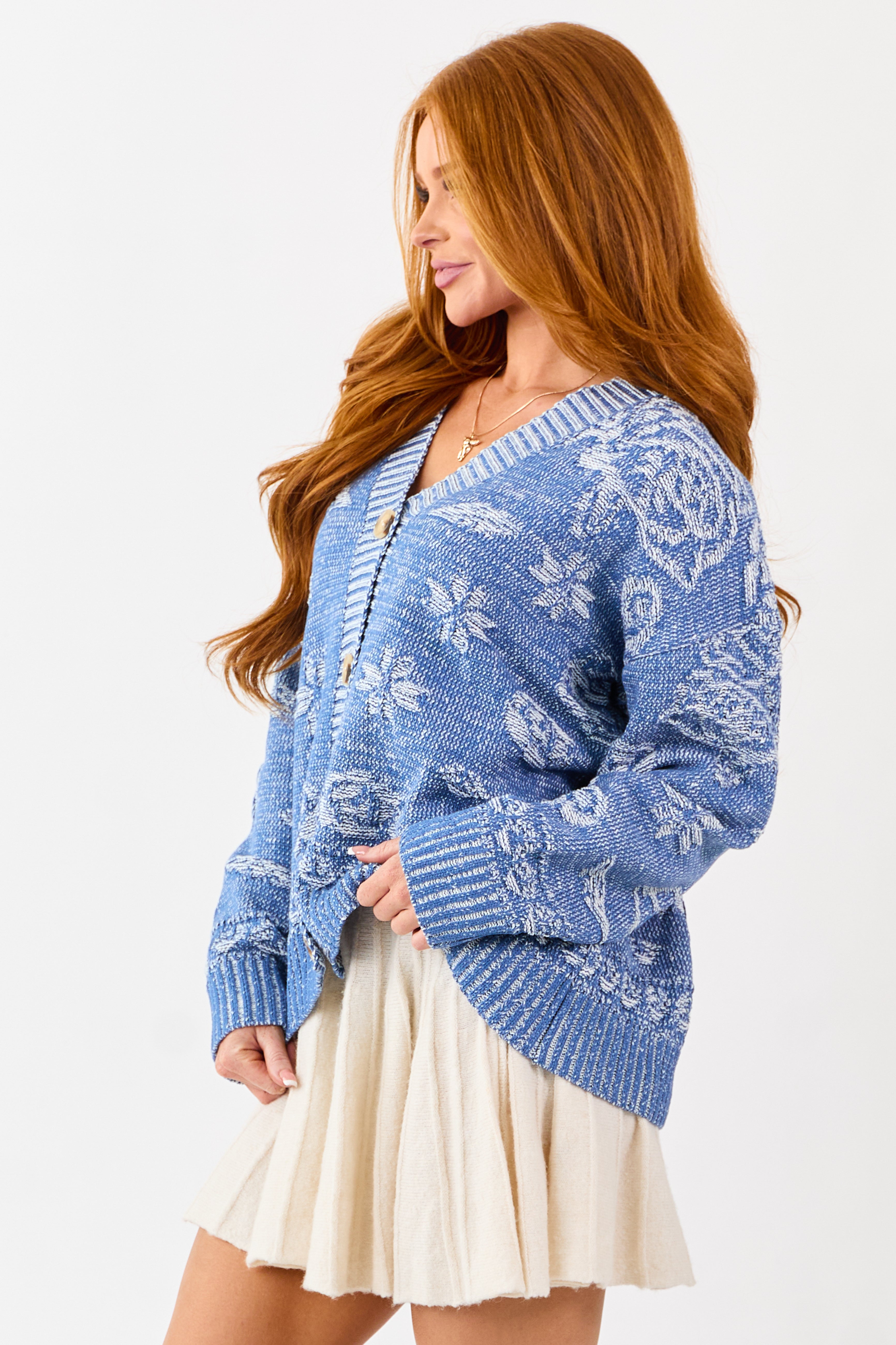 Sapphire Textured Floral Rib Trim Sweater Cardigan