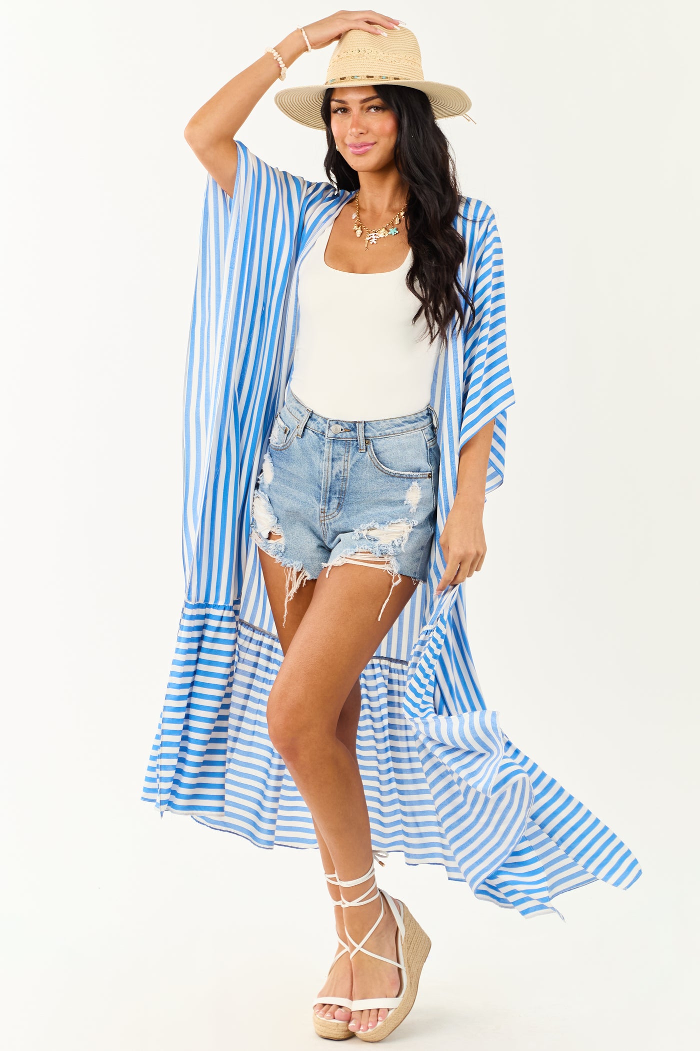 Sapphire and Ivory Striped Relaxed Duster Cardigan