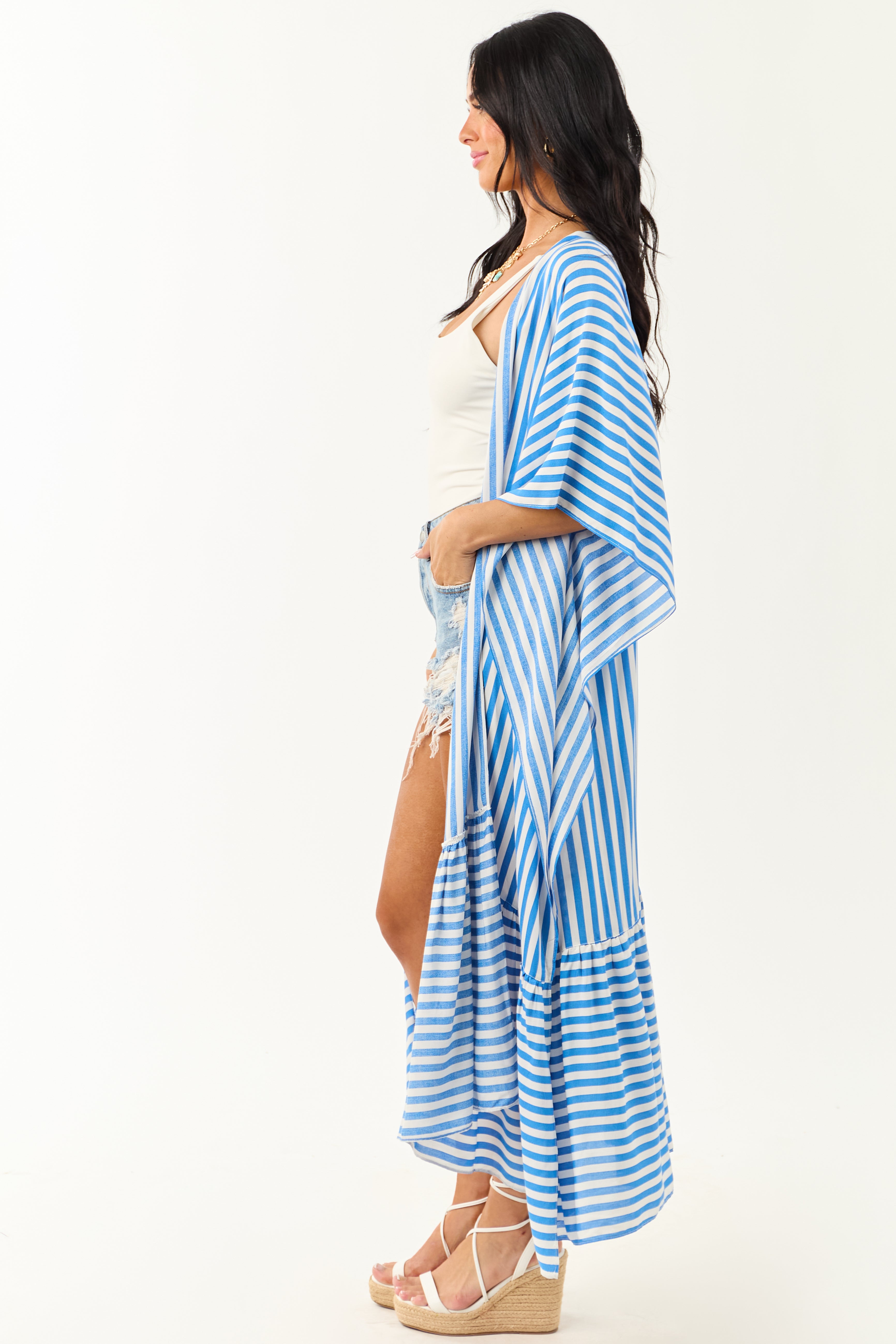 Sapphire and Ivory Striped Relaxed Duster Cardigan