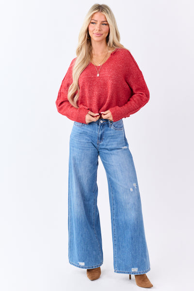 Scarlet Cropped V-Neck Wool Blend Boxy Sweater