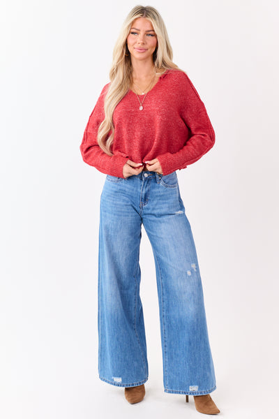 Scarlet Cropped V-Neck Wool Blend Boxy Sweater
