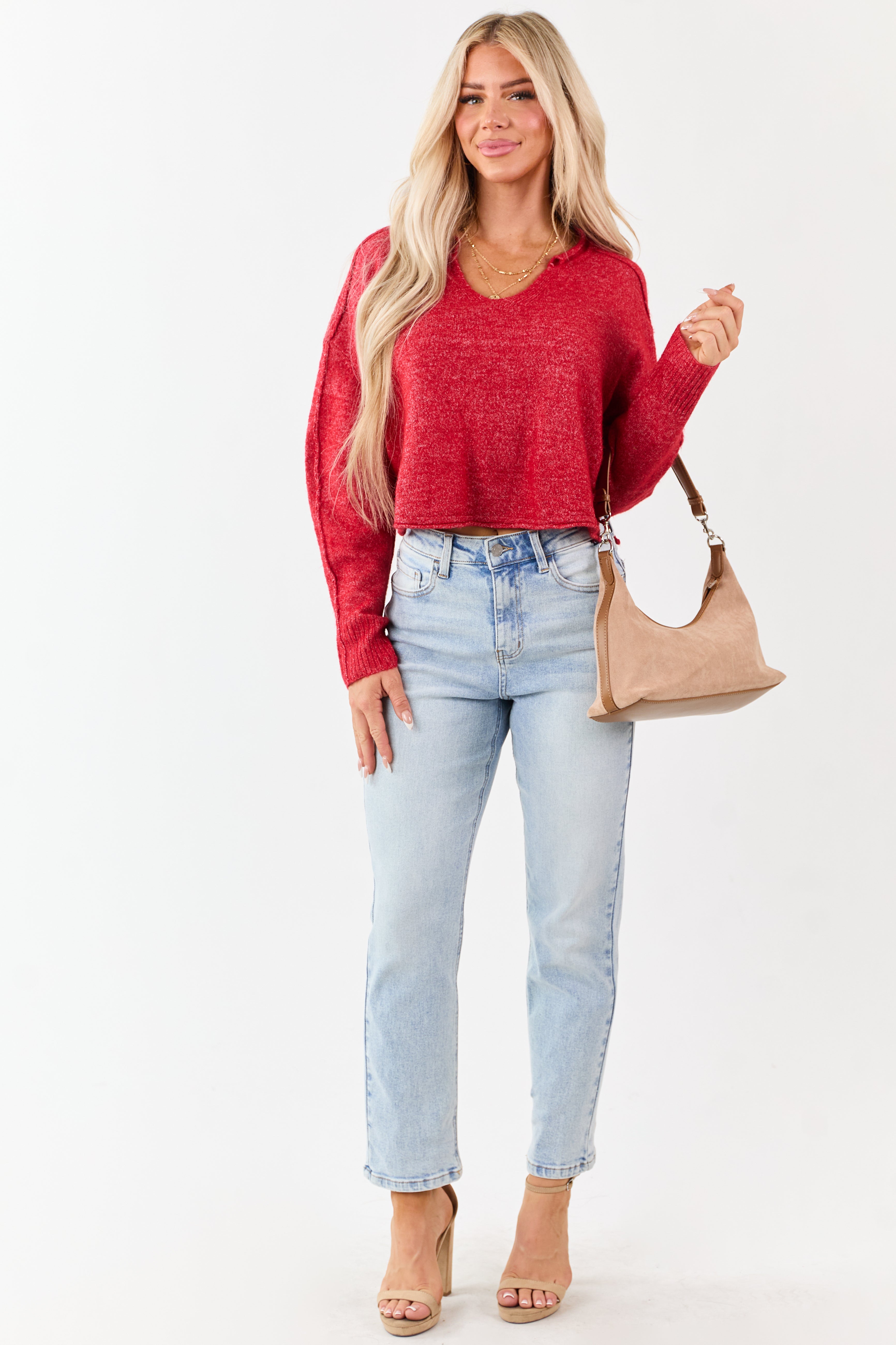 Scarlet Cropped V-Neck Wool Blend Boxy Sweater