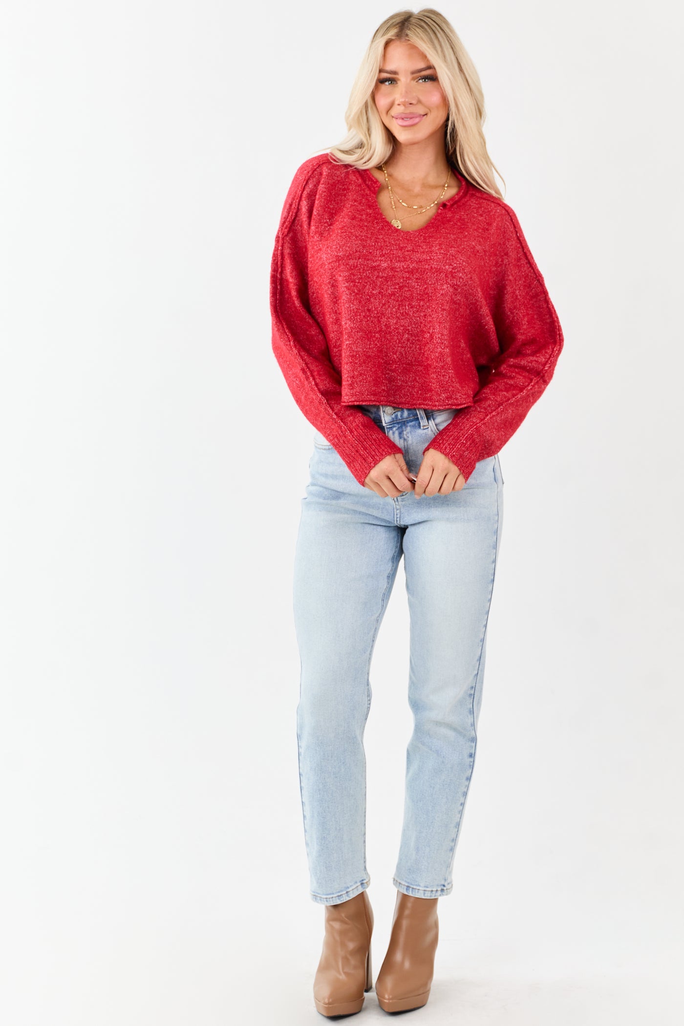 Scarlet Cropped V-Neck Wool Blend Boxy Sweater